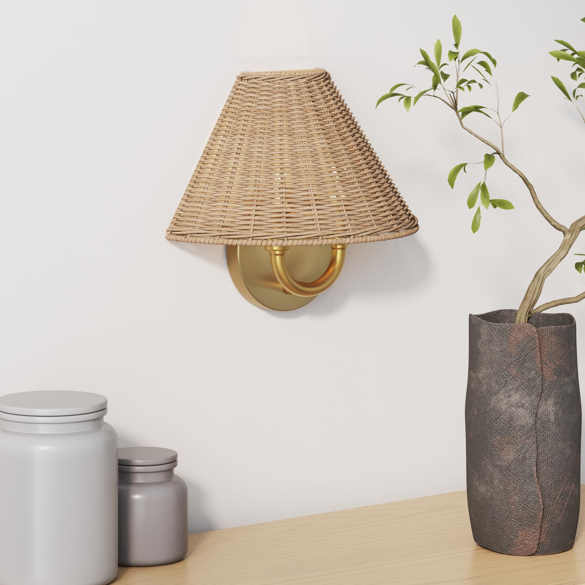 Nathan James Millie Plug-in Wall Sconce, Wall Mounted Bedside Reading Lamp with Cotton Shade and Brass Back Plate