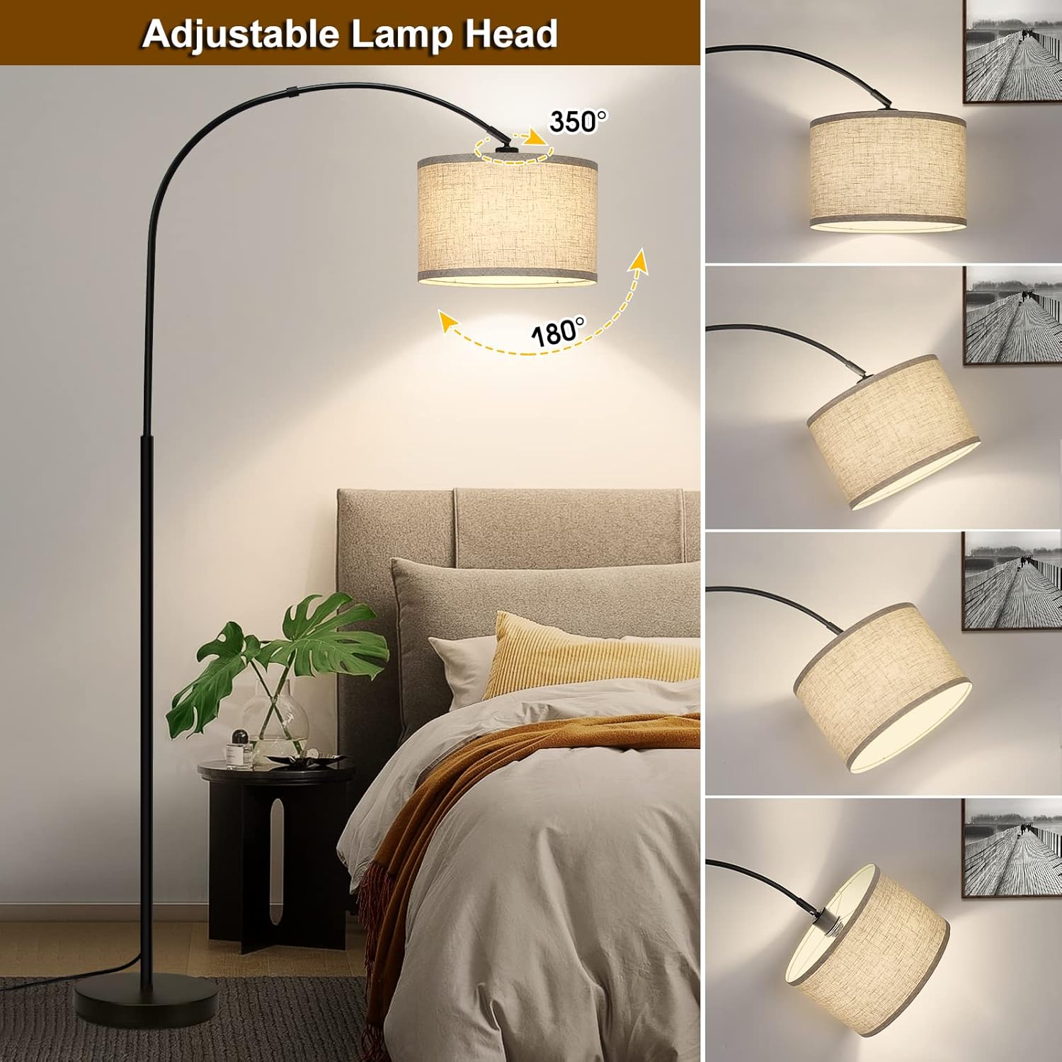 Village Black Arc Floor Lamp with Adjustable Drum Shade
