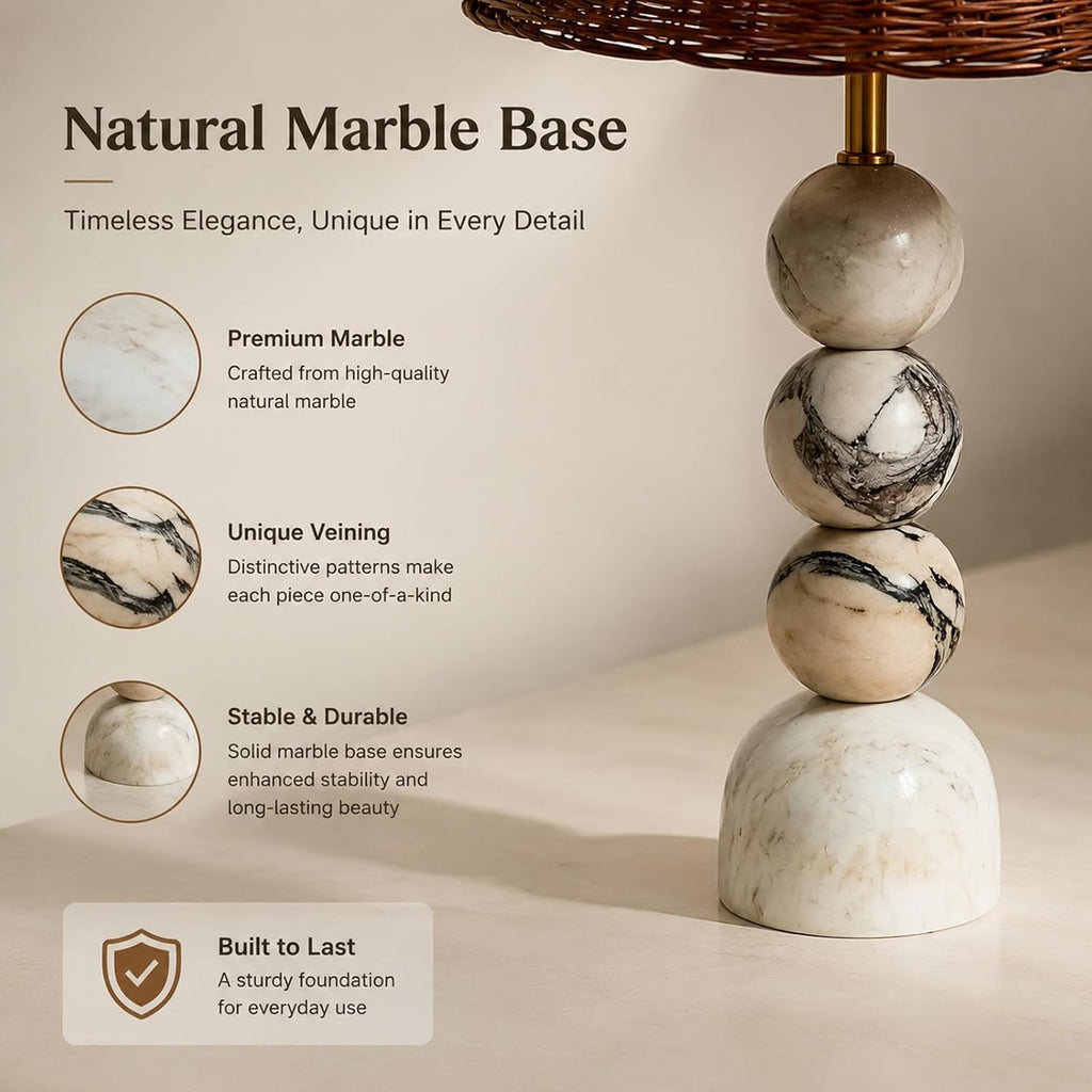 Calacatta Marble Table Lamp with Rattan Wicker Shade, Farmhouse Style