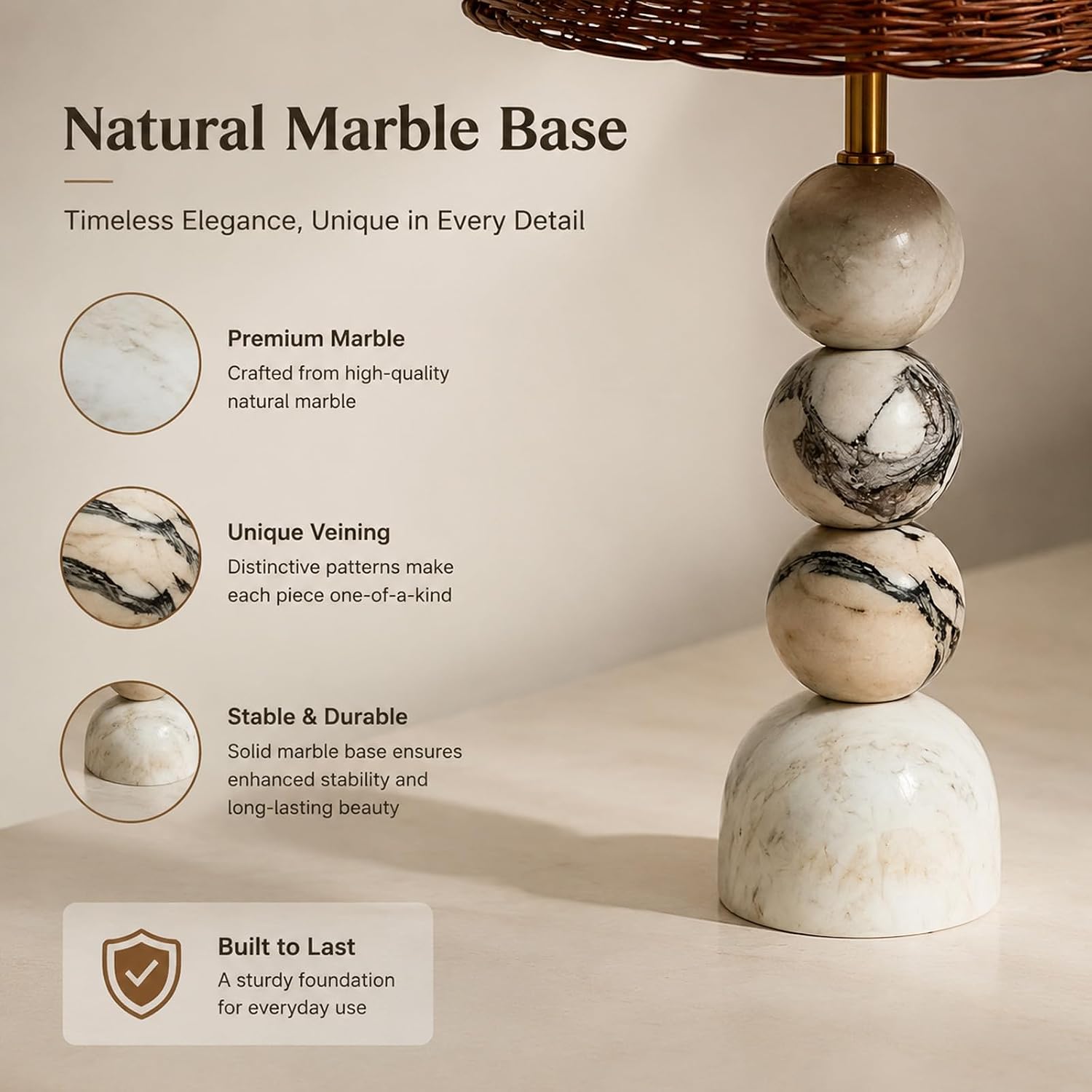 Calacatta Marble Table Lamp with Rattan Wicker Shade, Farmhouse Style