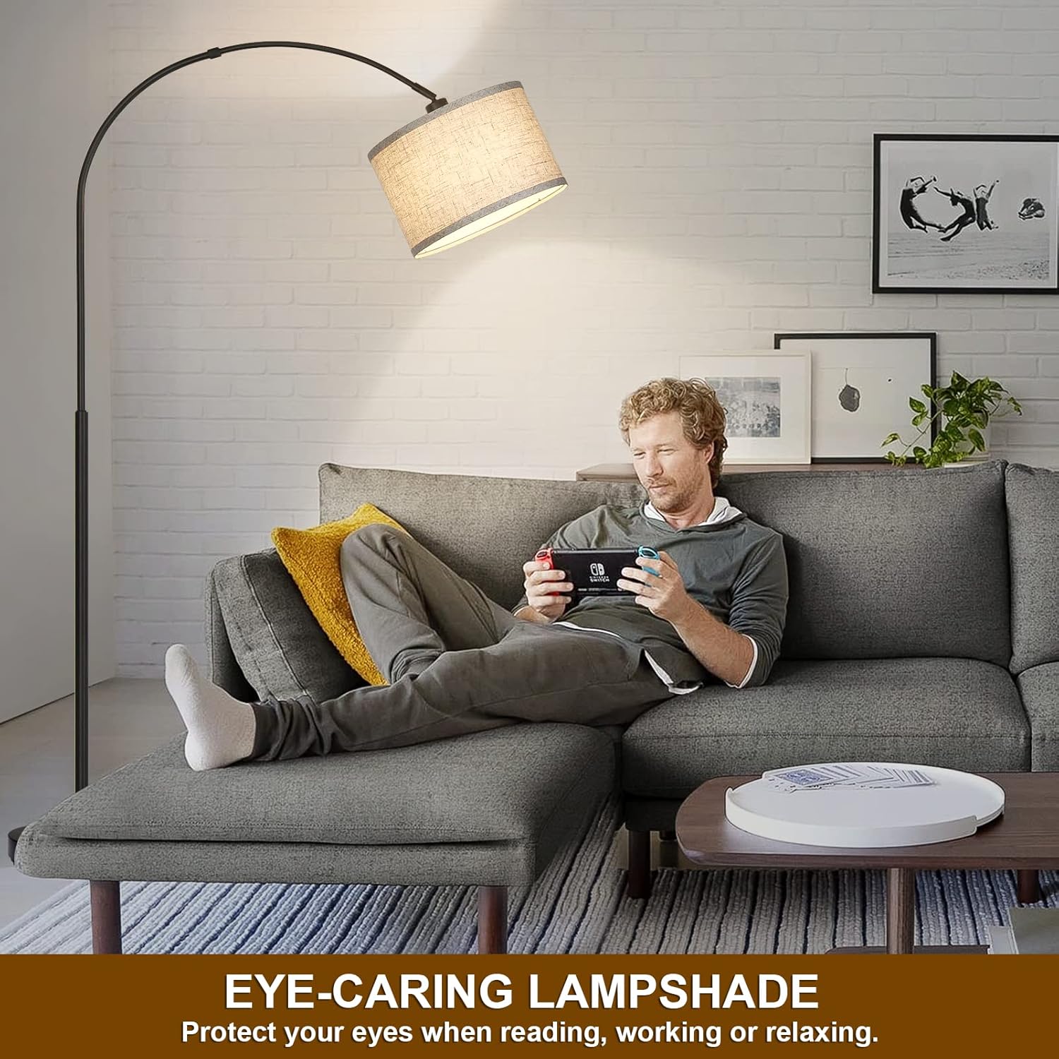 Village Black Arc Floor Lamp with Adjustable Drum Shade