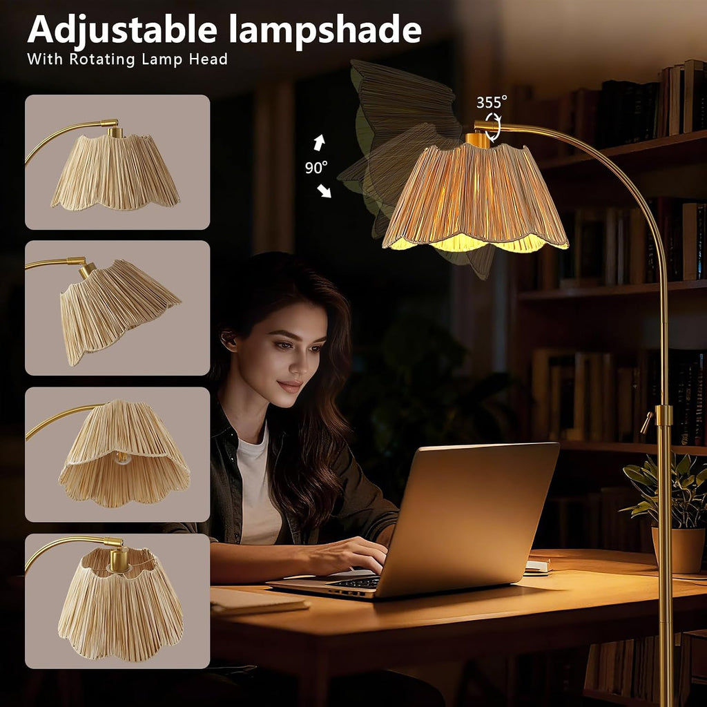 Gold Rattan Boho Adjustable Arc Floor Lamp