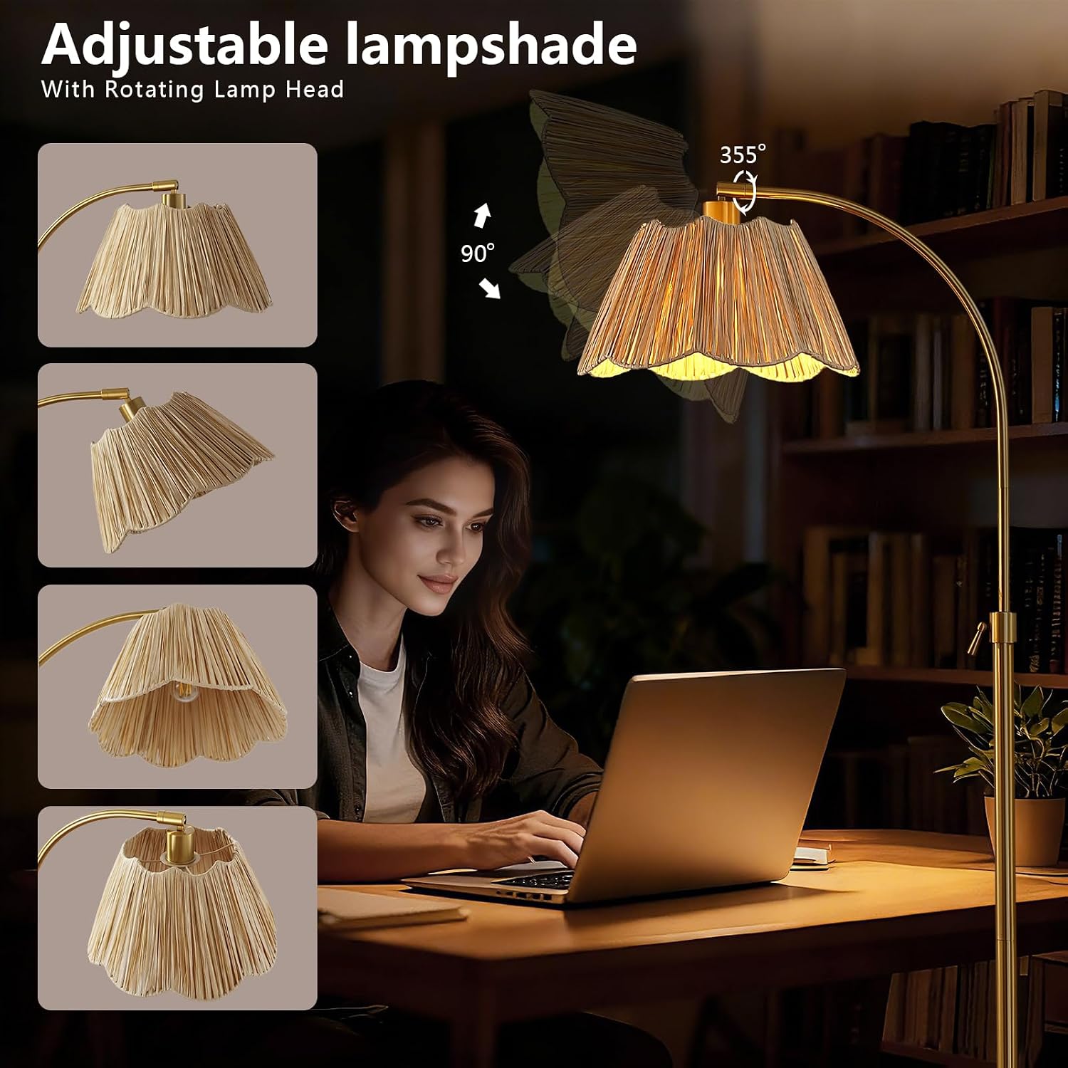 Gold Rattan Boho Adjustable Arc Floor Lamp