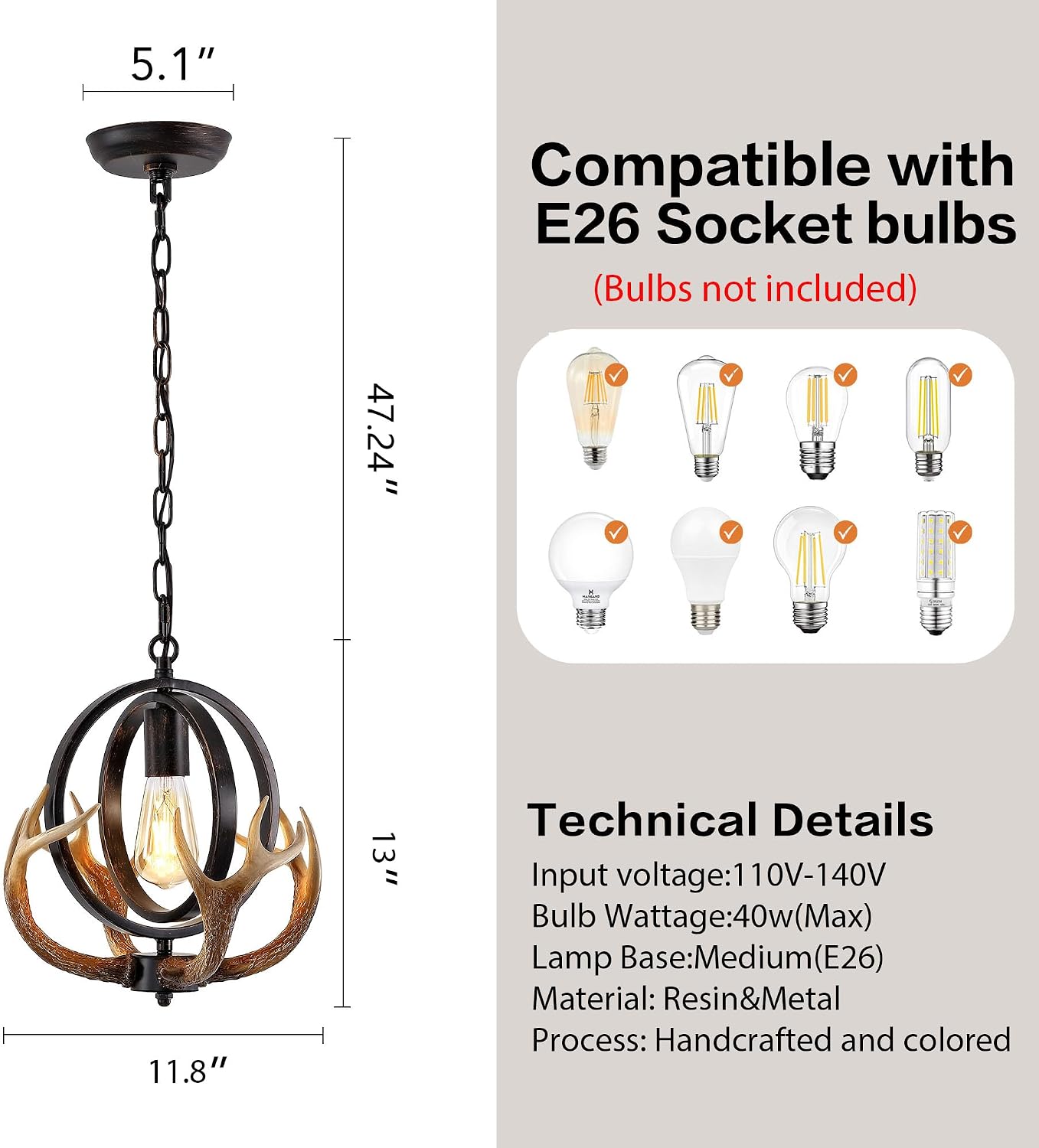 Antler Globe Chandelier, 11.8" Rustic Metal Cage Pendant Light with Resin Antlers, Industrial Farmhouse Hanging Ceiling Light Fixture for Kitchen Island, Dining Room, Entryway, E26 Base, Brown