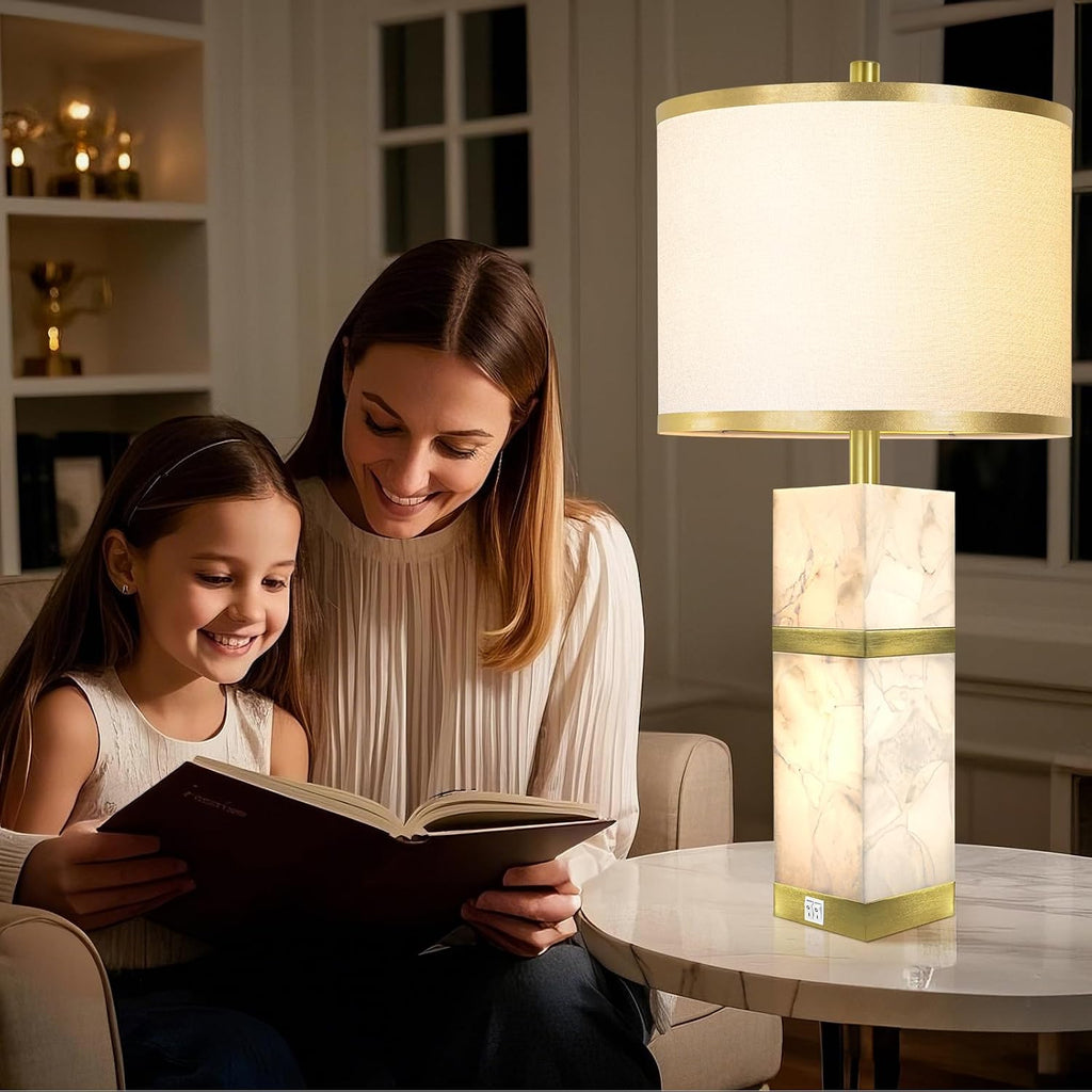 2 Pack Natural Alabaster Table Lamps with USB & Night Light Linen Shade