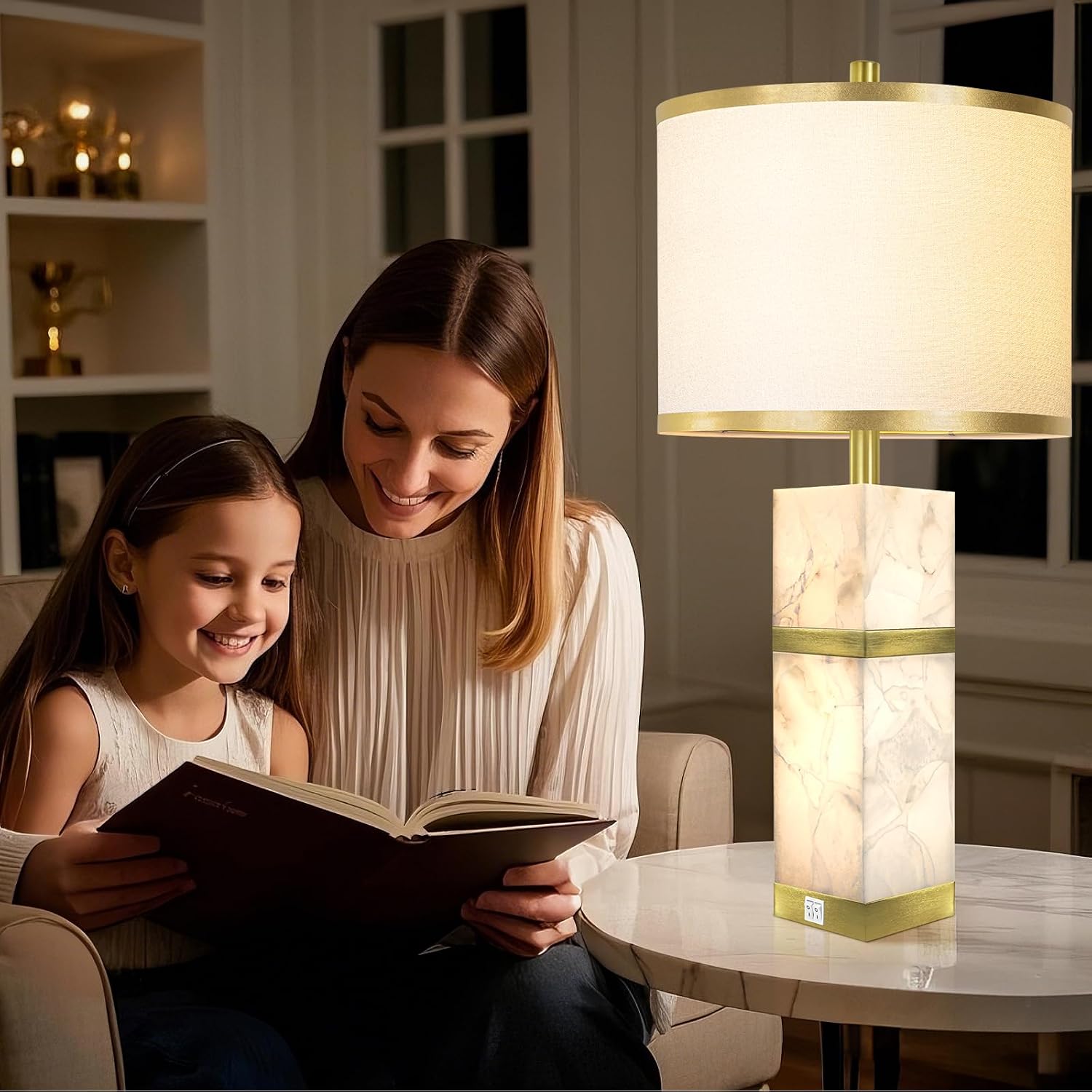 2 Pack Natural Alabaster Table Lamps with USB & Night Light Linen Shade