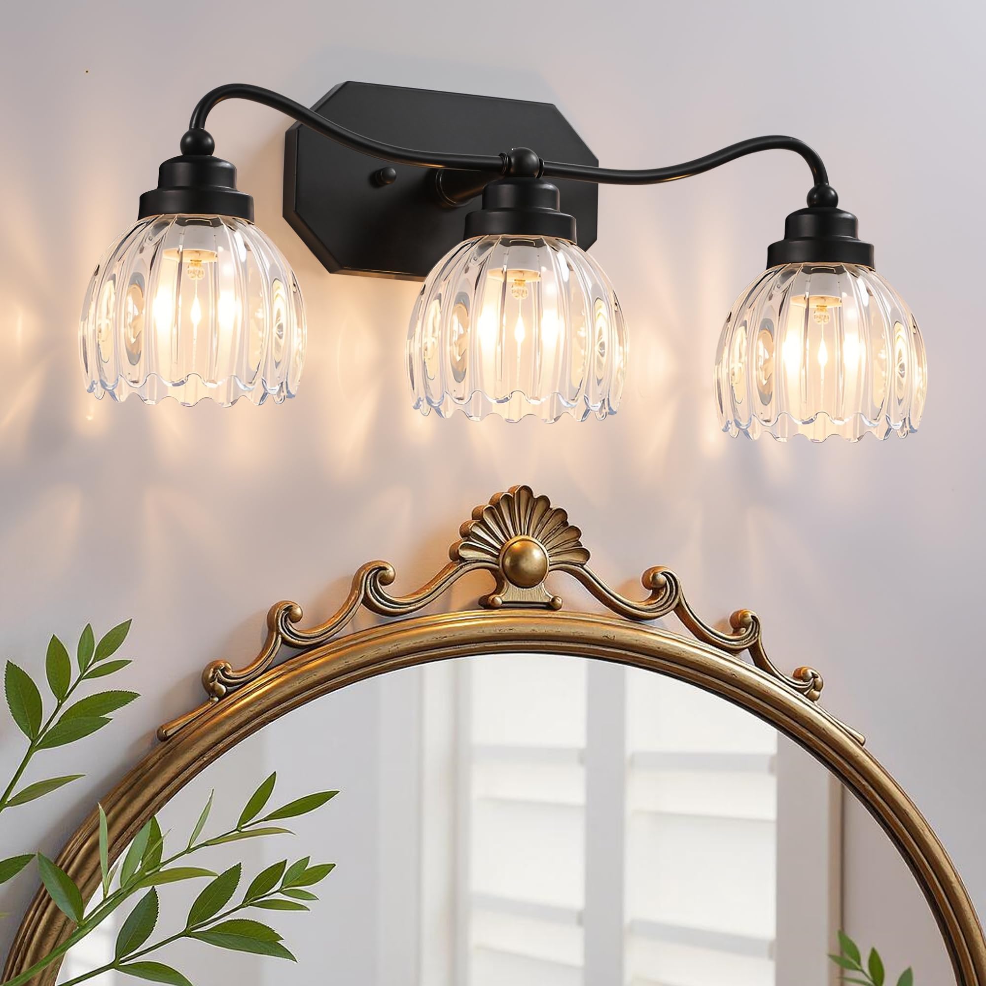 Vintage Bathroom Light Fixtures, Gold Bathroom Vanity Light, Matte Antique Brass Finish with Crystal Glass Shade, Wall Sconces Lighting for Bedroom, Living Room, Hallway (Gold, 3-Light)