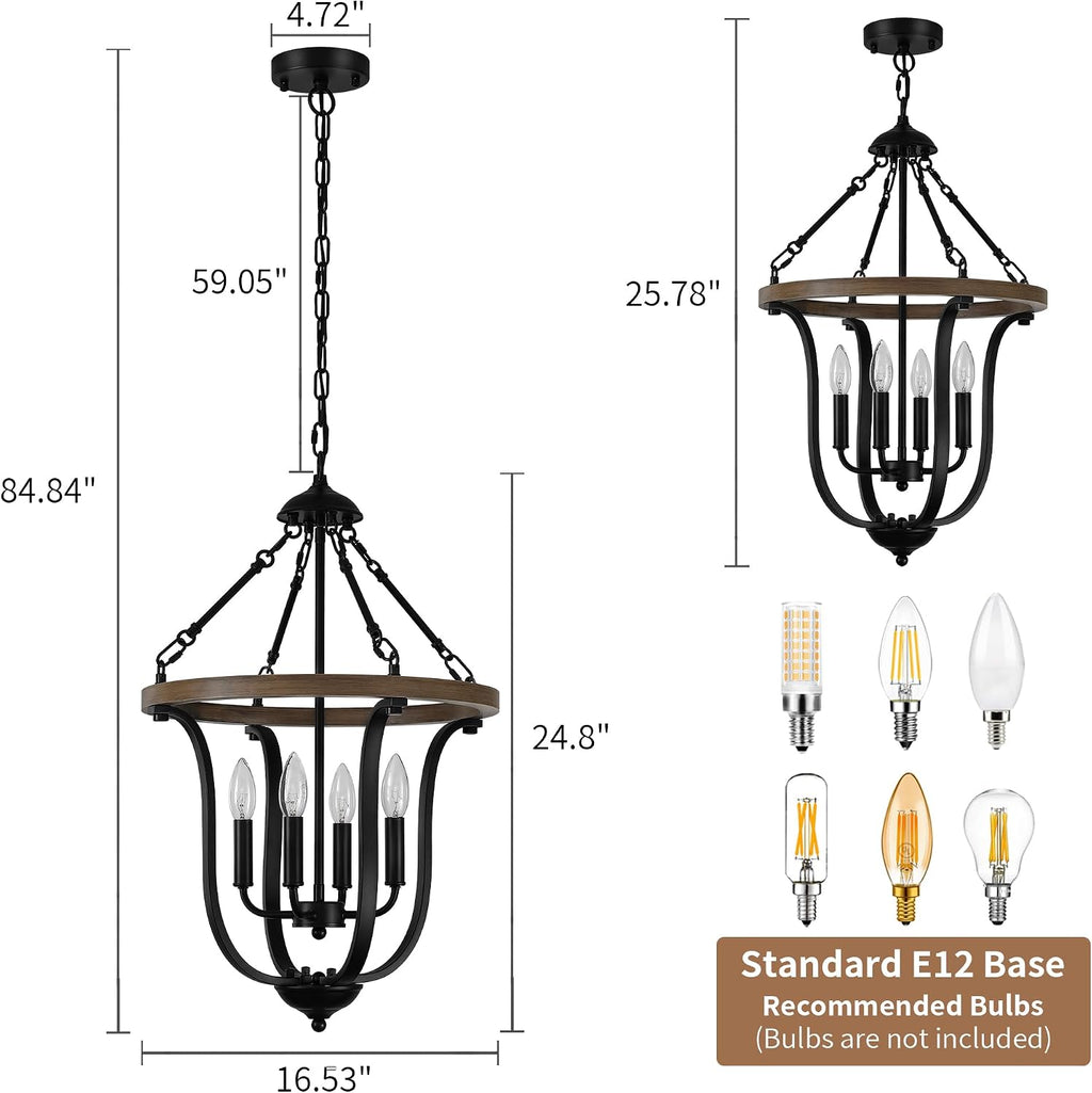 Black Farmhouse Chandelier for Dining Room, 4-Light Rustic Wood Chandelier with Industrial Cage, Pendant Light Fixture for Kitchen Island, Living Room, Entryway, Foyer, Bedroom, Hallway