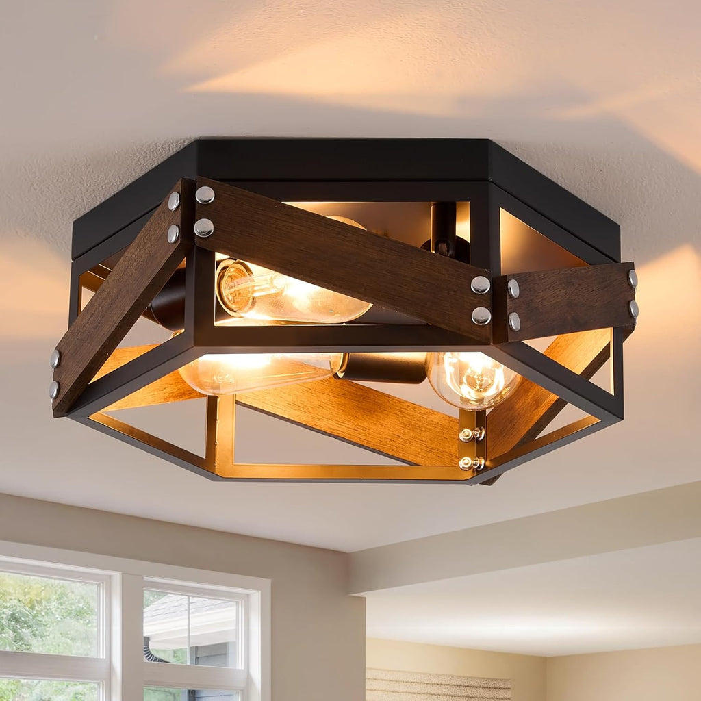 3-Light Wood Metal Ceiling Light