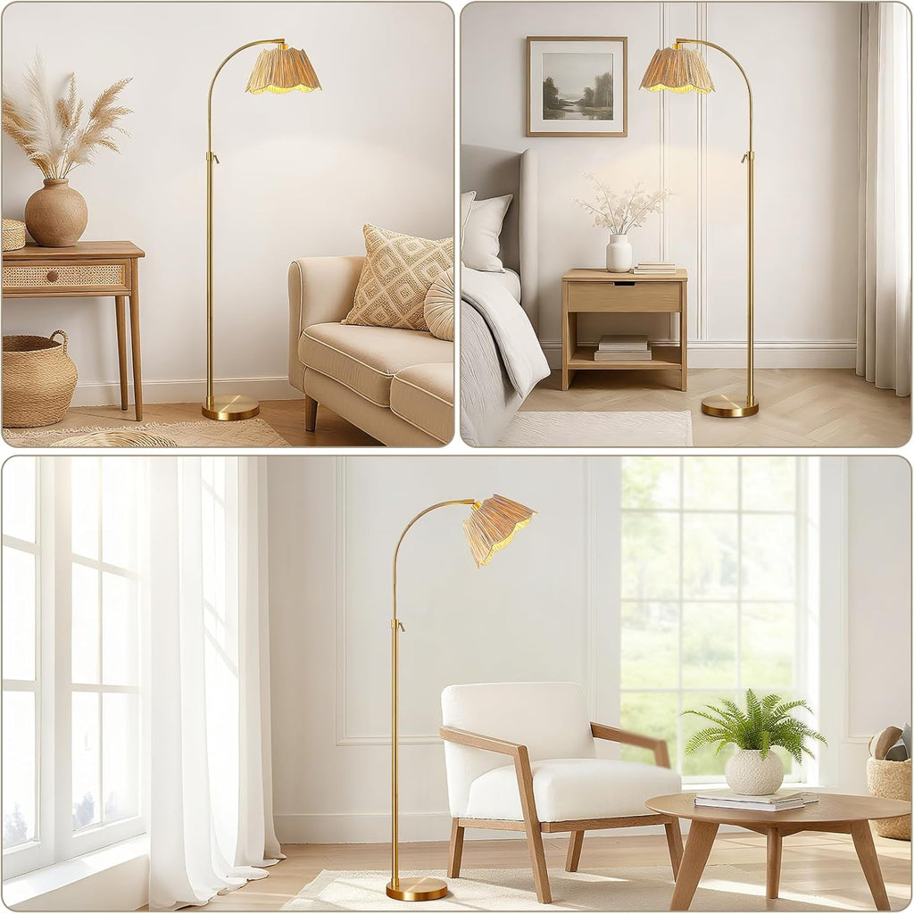 Gold Rattan Boho Adjustable Arc Floor Lamp