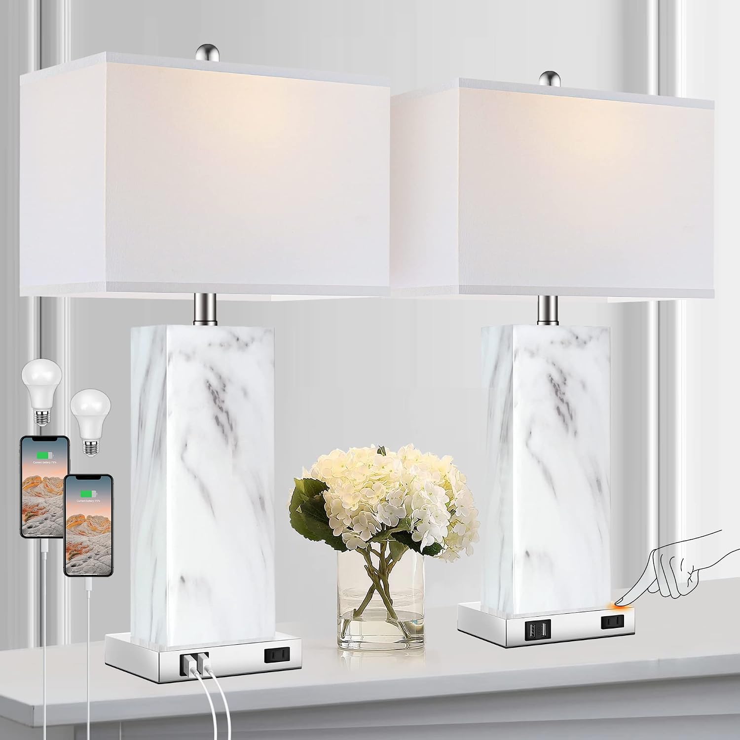 2 Pack Touch Control Ceramic Table Lamps with USB & AC Outlet