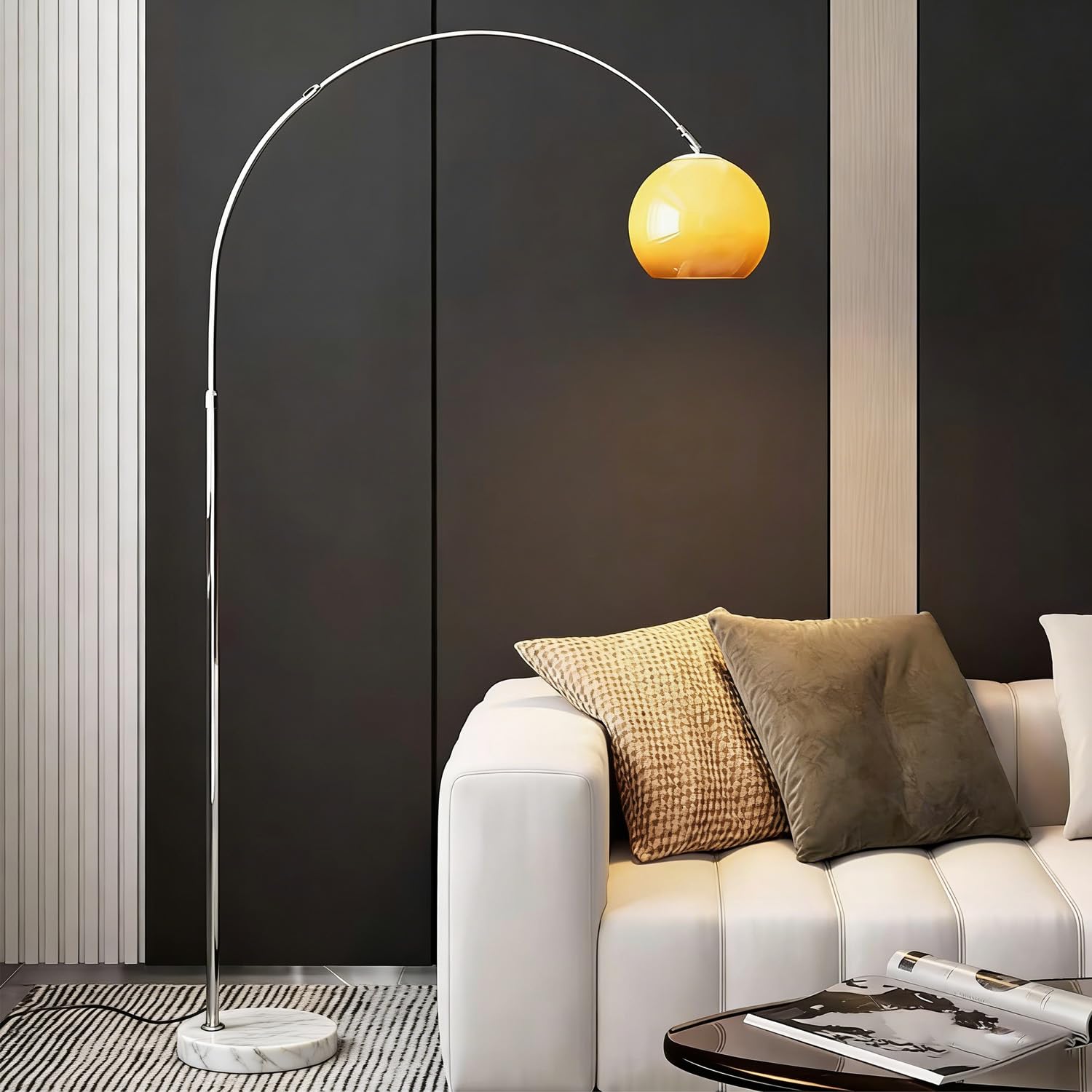 Orange Arc Floor Lamp with Acrylic Shade,Arch Reading Lamp Floor Standing,Mid Century Modern Orange Standing Lamp for Living Room Bedroom