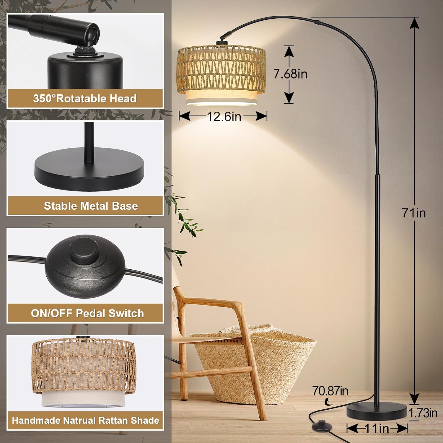 Rattan Farmhouse Arc Floor Lamp