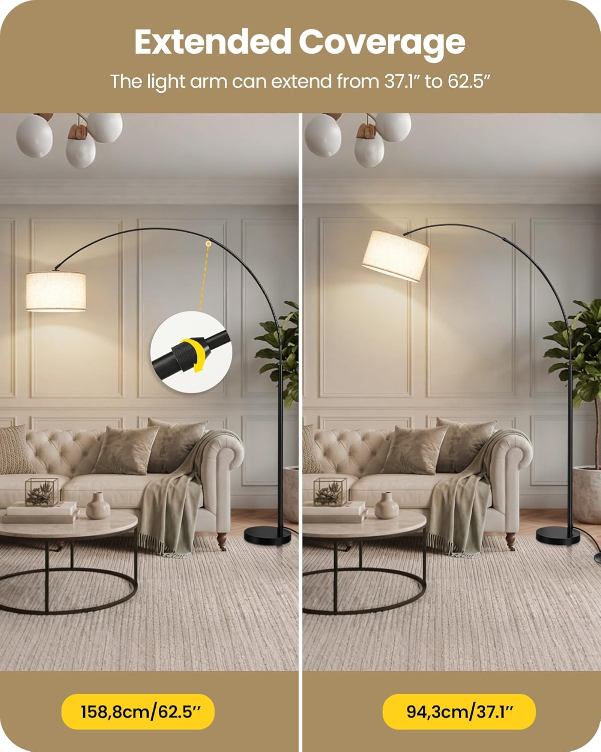 Adjustable Dimmable Arc Floor Lamp with Remote & Foot Switch