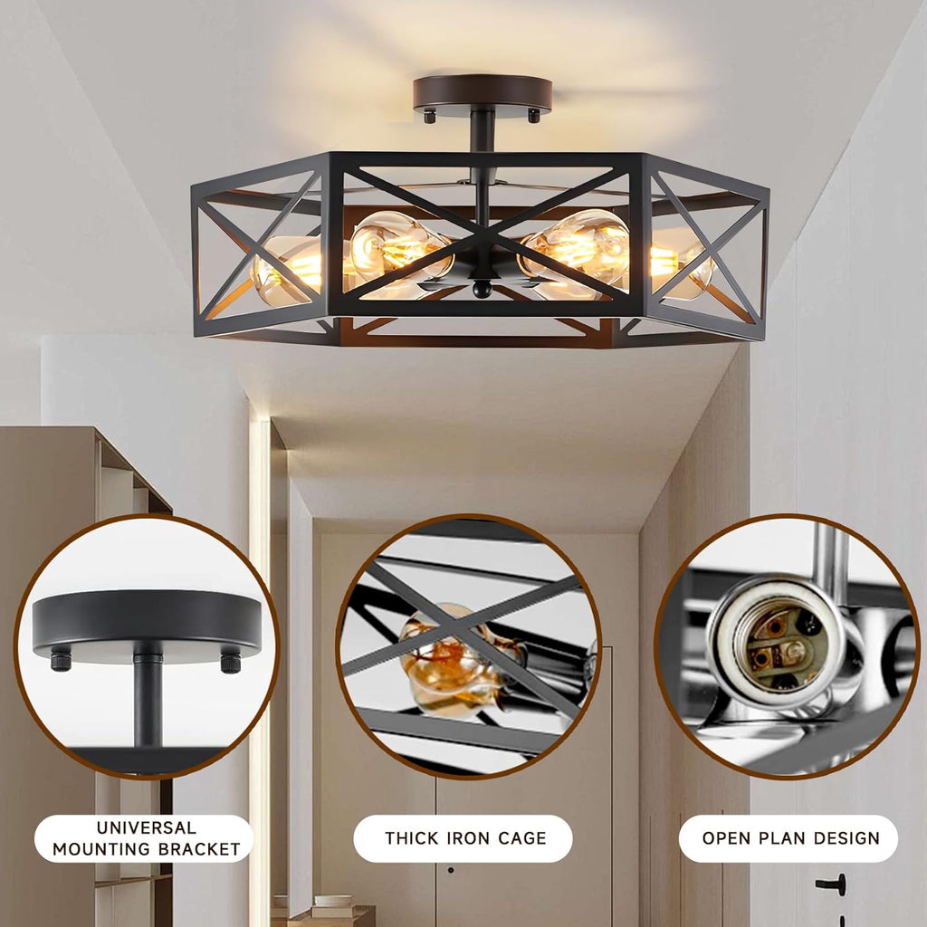 Gugxiom 6 Light Semi Flush Mount Ceiling Light, Modern Farmhouse Living Room Light Fixture, Black Light Fixture, Modern Metal Hexagon Cage Ceiling Lamp for Kitchen Bathroom (6