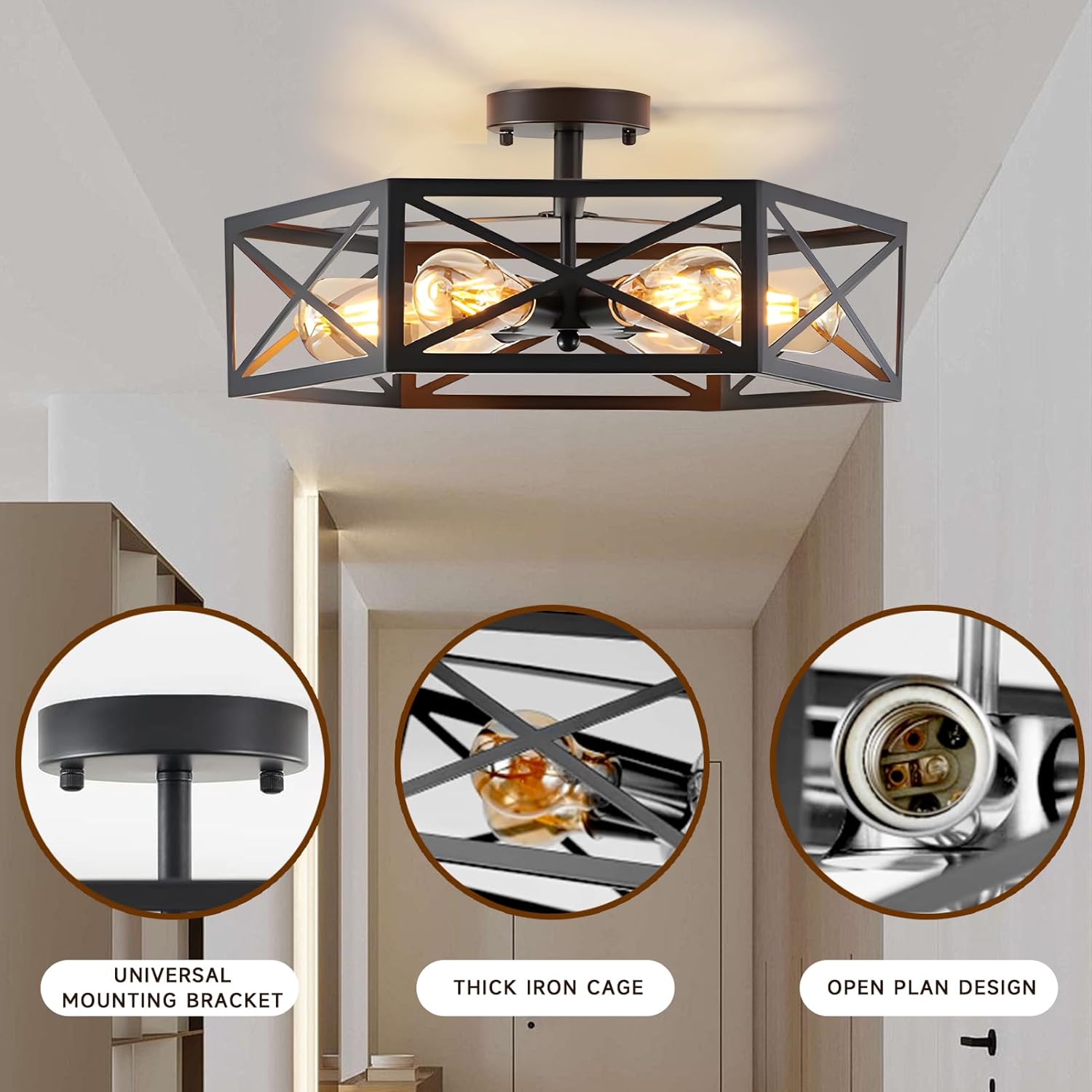 Gugxiom 6 Light Semi Flush Mount Ceiling Light, Modern Farmhouse Living Room Light Fixture, Black Light Fixture, Modern Metal Hexagon Cage Ceiling Lamp for Kitchen Bathroom (6