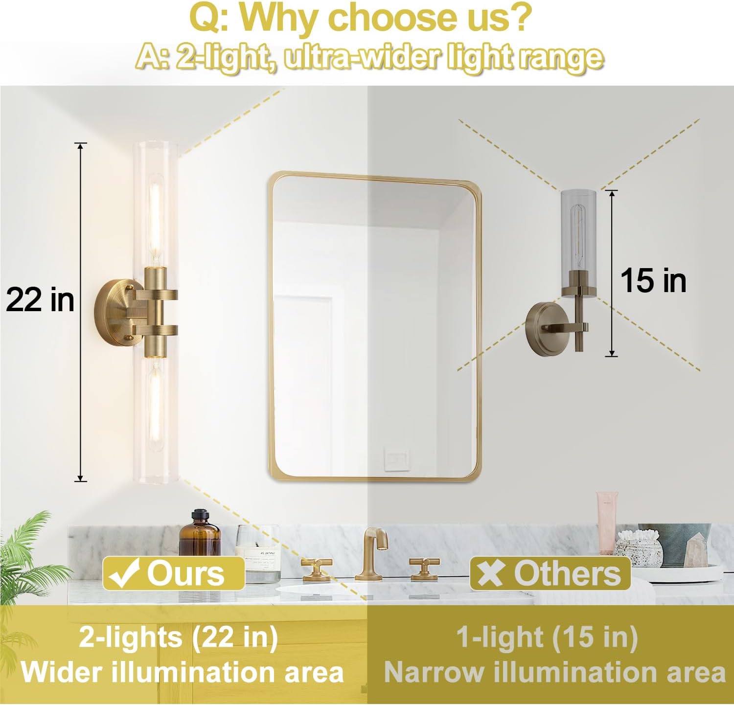 Brass Glass Bathroom Wall Sconces 2pc