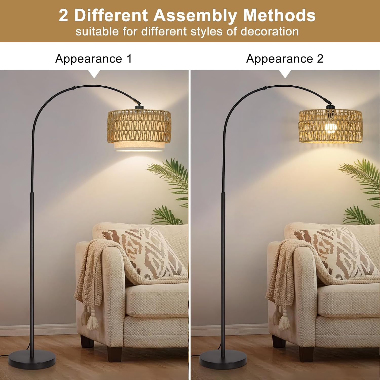 Rattan Farmhouse Arc Floor Lamp