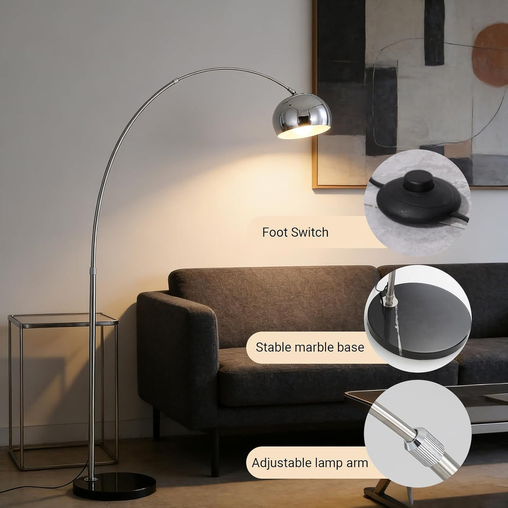 Chrome Bell Shade Dimmable Arc Floor Lamp
