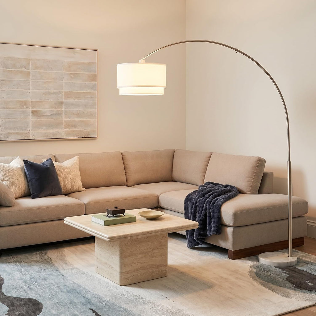 Brightech Mason Arc Floor Lamp - Modern Corner Standing Lamp with Unique Hanging Drum Lamp Shade for Living Room - Bright Overhead, Curved Hanging Light for Bedroom. Library, Den - Nickel