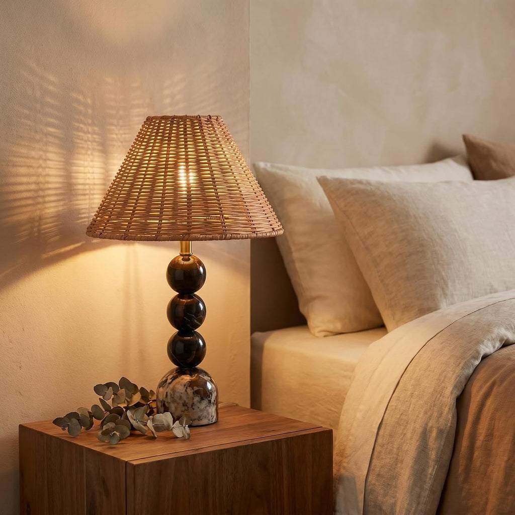 Calacatta Viola Marble Stacked Ball Table Lamp with Rattan Shade