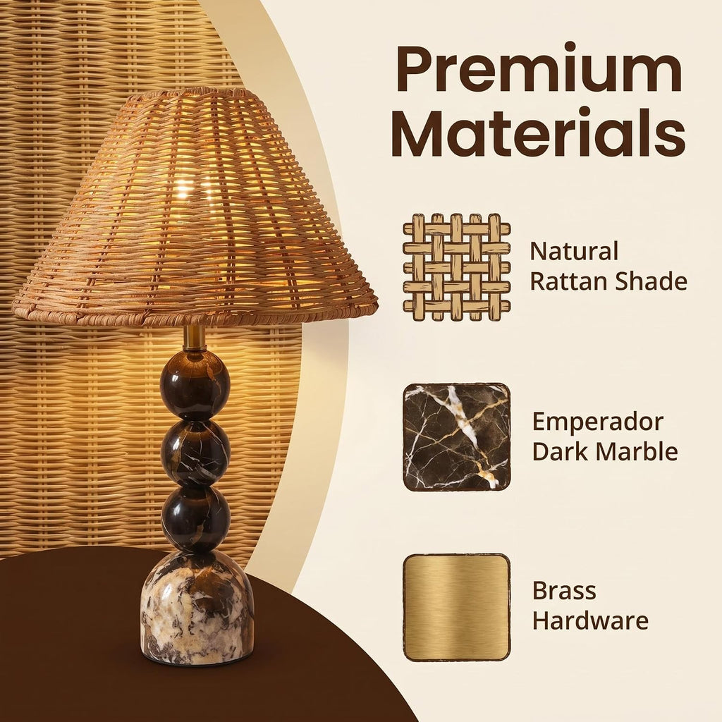 Calacatta Viola Marble Stacked Ball Table Lamp with Rattan Shade