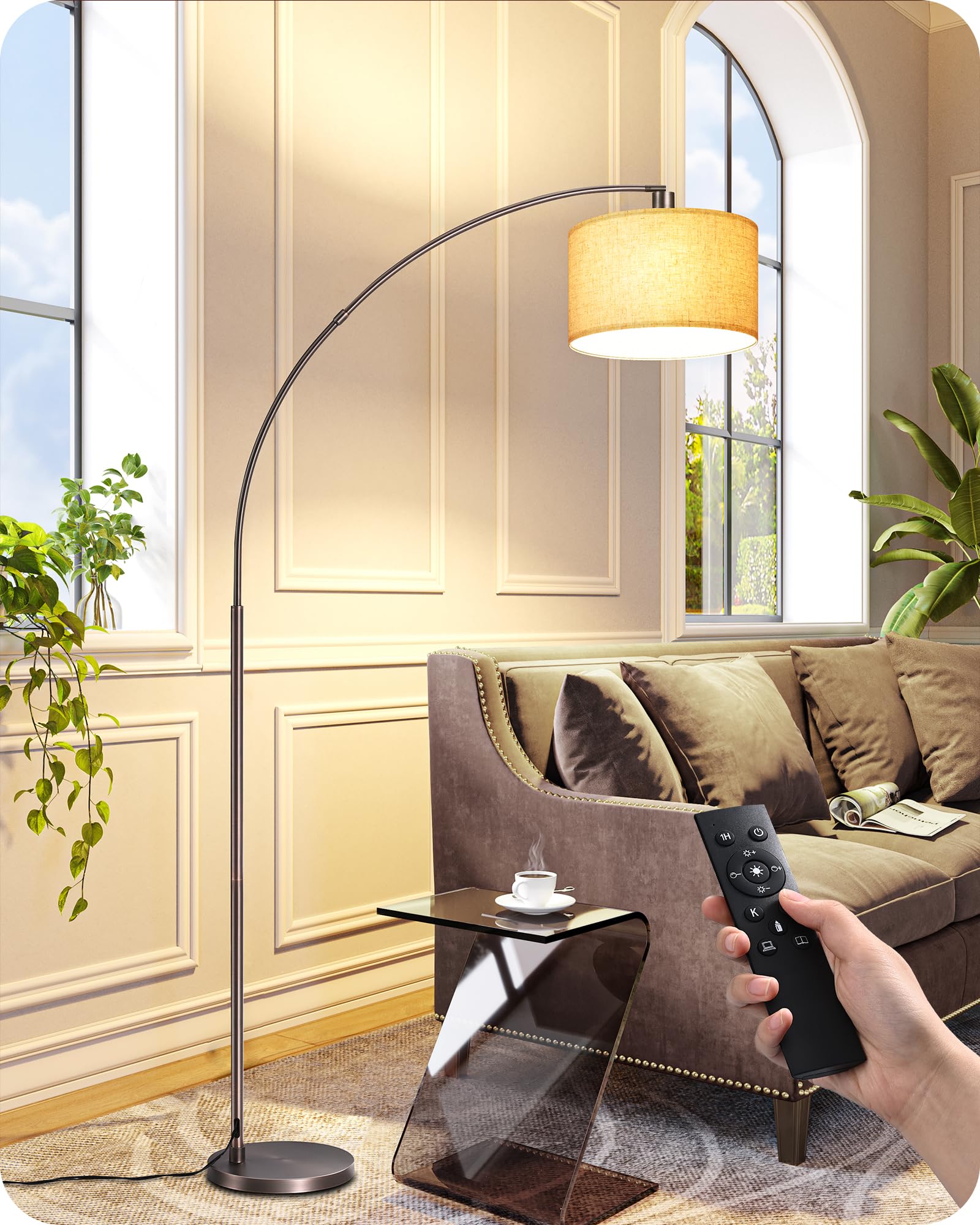 EDISHINE 78.3" Gold Arched Floor Lamp with Remote, Mid Century Modern Reading Light Over Chair, Tall Arc Standing Lamp for Living Room, Home Office, Reading Room, Dining Room, Dimmable Bulb Included