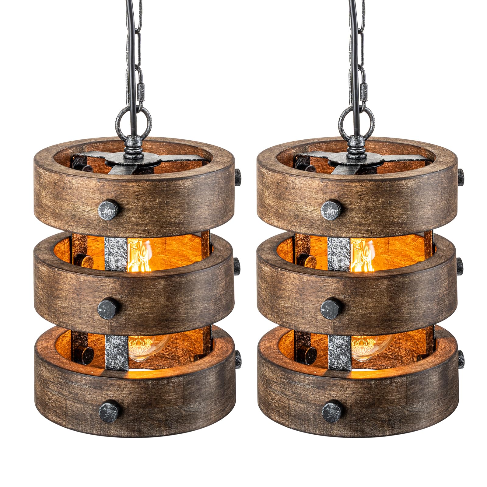 2pack Farmhouse Wood Pendant Lights Kitchen Island, Dining Room Lighting Fixtures Over Table Rustic Chandelier Height Adjustable Hallway Light for Foyer Living Room Bar Restaurant