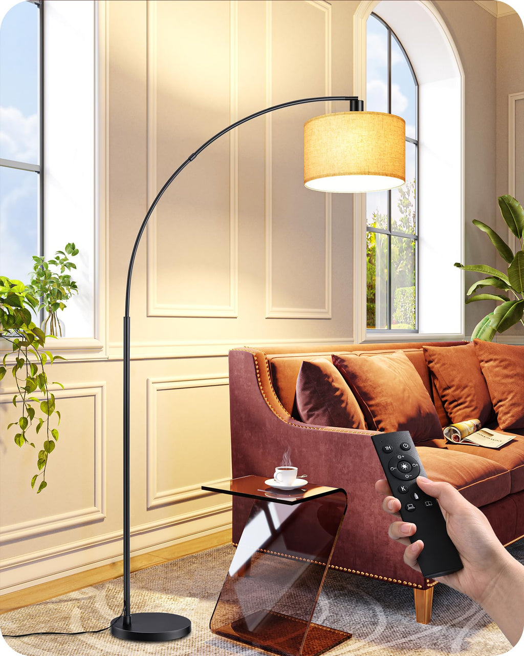 EDISHINE 78.3" Gold Arched Floor Lamp with Remote, Mid Century Modern Reading Light Over Chair, Tall Arc Standing Lamp for Living Room, Home Office, Reading Room, Dining Room, Dimmable Bulb Included