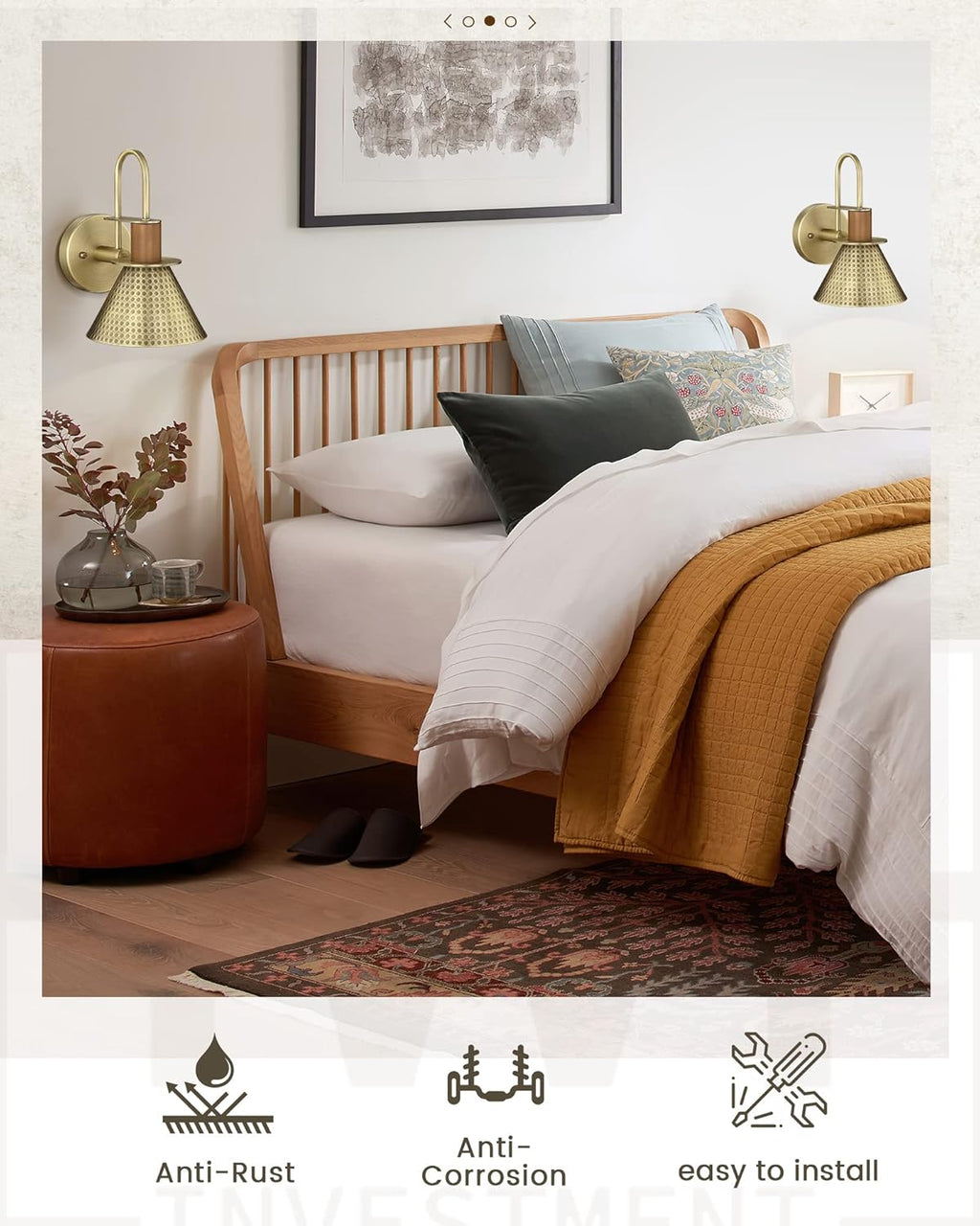 Brass Wall Sconces Set of Two, HWH Industrial Wall Light Fixtures Gold Barn Light, Single Wall Lamp for Bedroom Bedside Bathroom Kitchen, Hammered Metal Shade, Antique Brass, 5HZG74B-2 BG
