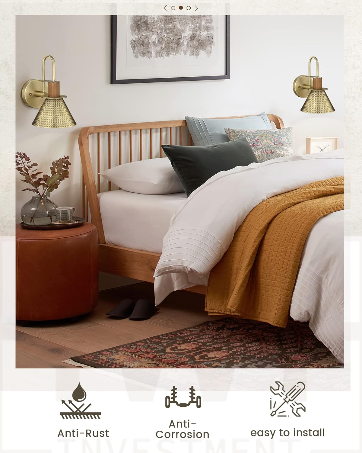Brass Wall Sconces Set of Two, HWH Industrial Wall Light Fixtures Gold Barn Light, Single Wall Lamp for Bedroom Bedside Bathroom Kitchen, Hammered Metal Shade, Antique Brass, 5HZG74B-2 BG