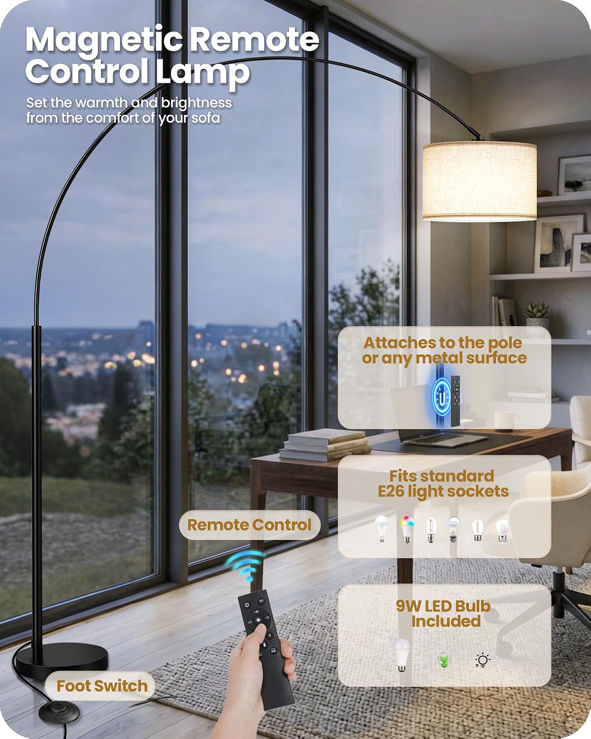 Adjustable Dimmable Arc Floor Lamp with Remote & Foot Switch
