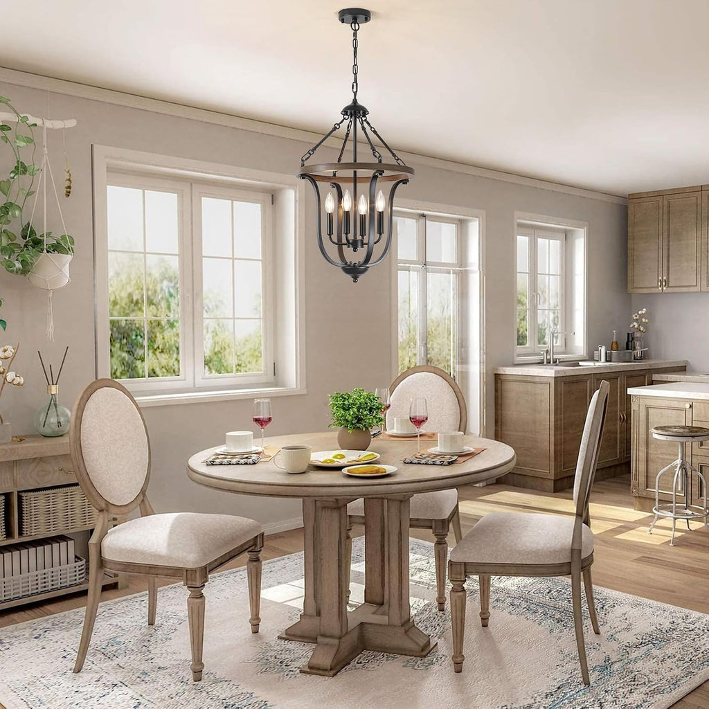 Black Farmhouse Chandelier for Dining Room, 4-Light Rustic Wood Chandelier with Industrial Cage, Pendant Light Fixture for Kitchen Island, Living Room, Entryway, Foyer, Bedroom, Hallway