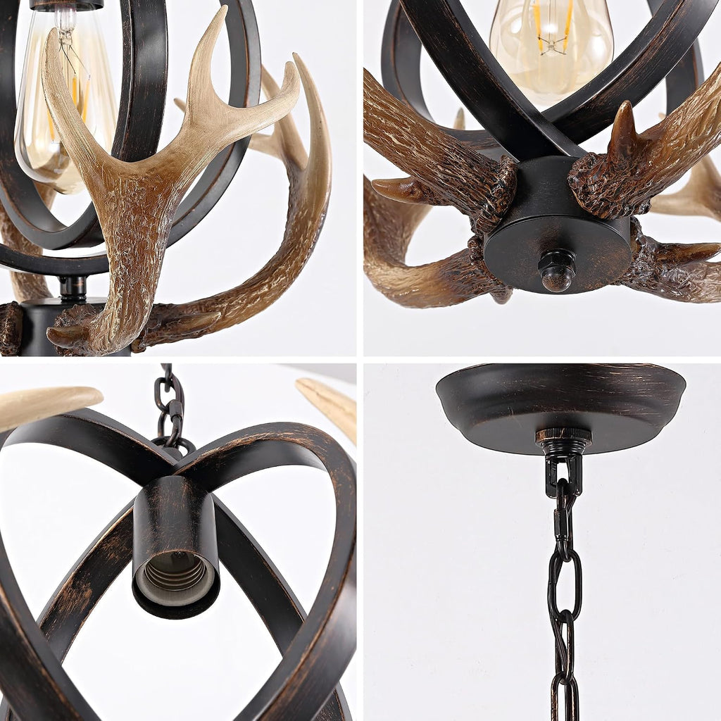 Antler Globe Chandelier, 11.8" Rustic Metal Cage Pendant Light with Resin Antlers, Industrial Farmhouse Hanging Ceiling Light Fixture for Kitchen Island, Dining Room, Entryway, E26 Base, Brown