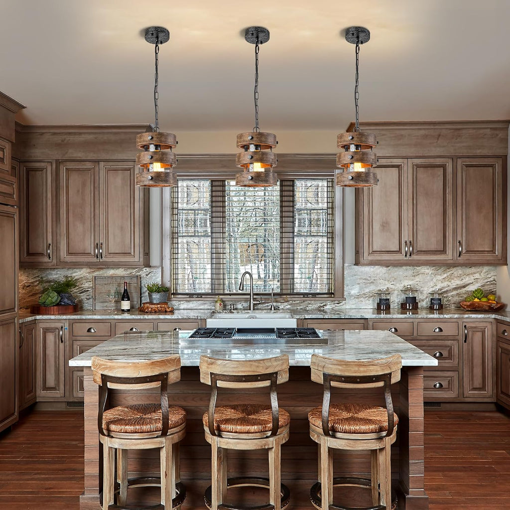 2pack Farmhouse Wood Pendant Lights Kitchen Island, Dining Room Lighting Fixtures Over Table Rustic Chandelier Height Adjustable Hallway Light for Foyer Living Room Bar Restaurant