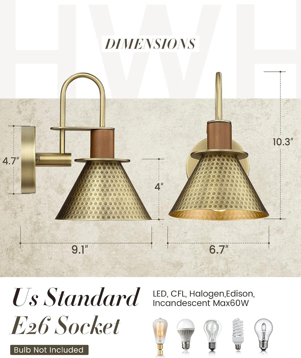 Brass Wall Sconces Set of Two, HWH Industrial Wall Light Fixtures Gold Barn Light, Single Wall Lamp for Bedroom Bedside Bathroom Kitchen, Hammered Metal Shade, Antique Brass, 5HZG74B-2 BG
