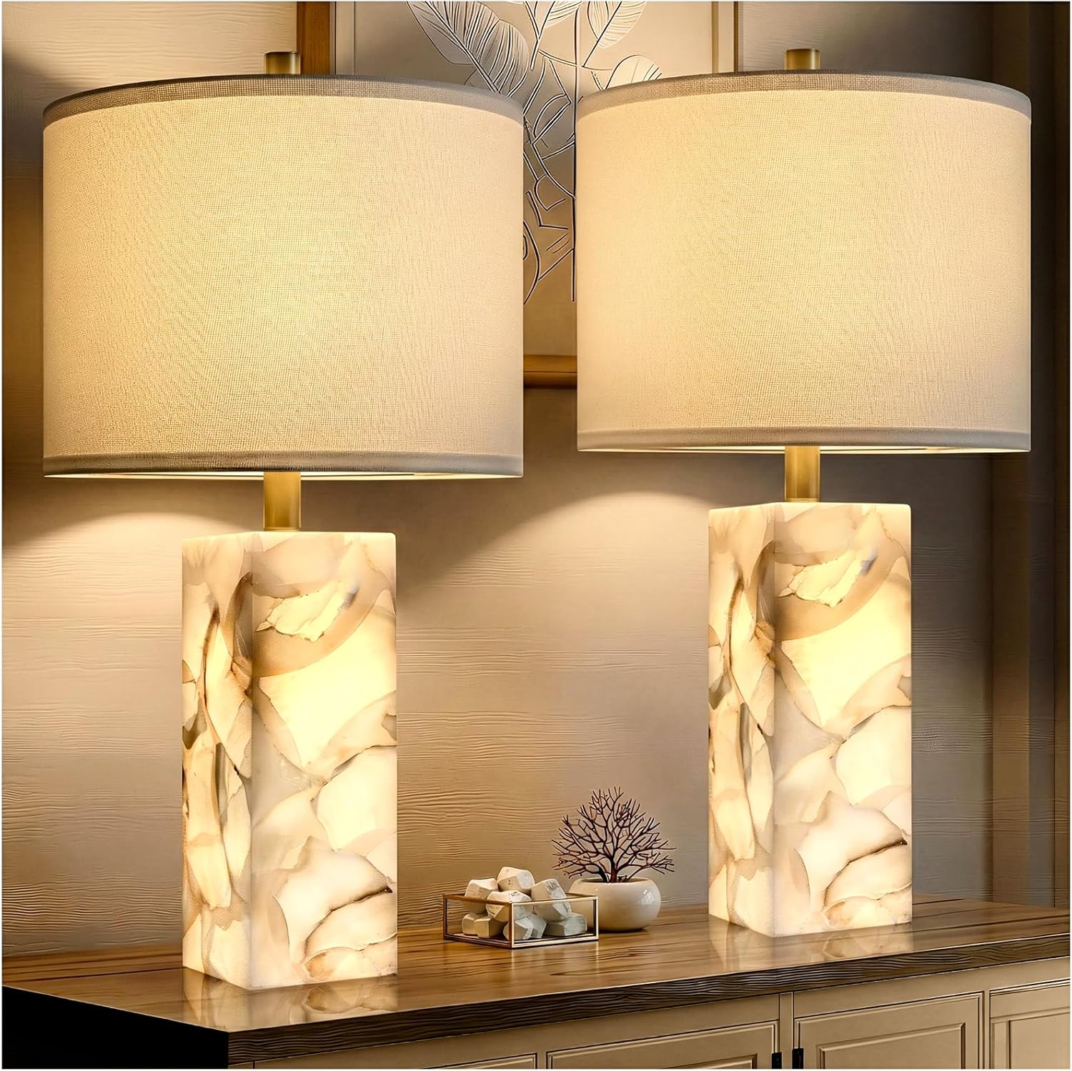 2 Pack Alabaster Linen Shade Table Lamps