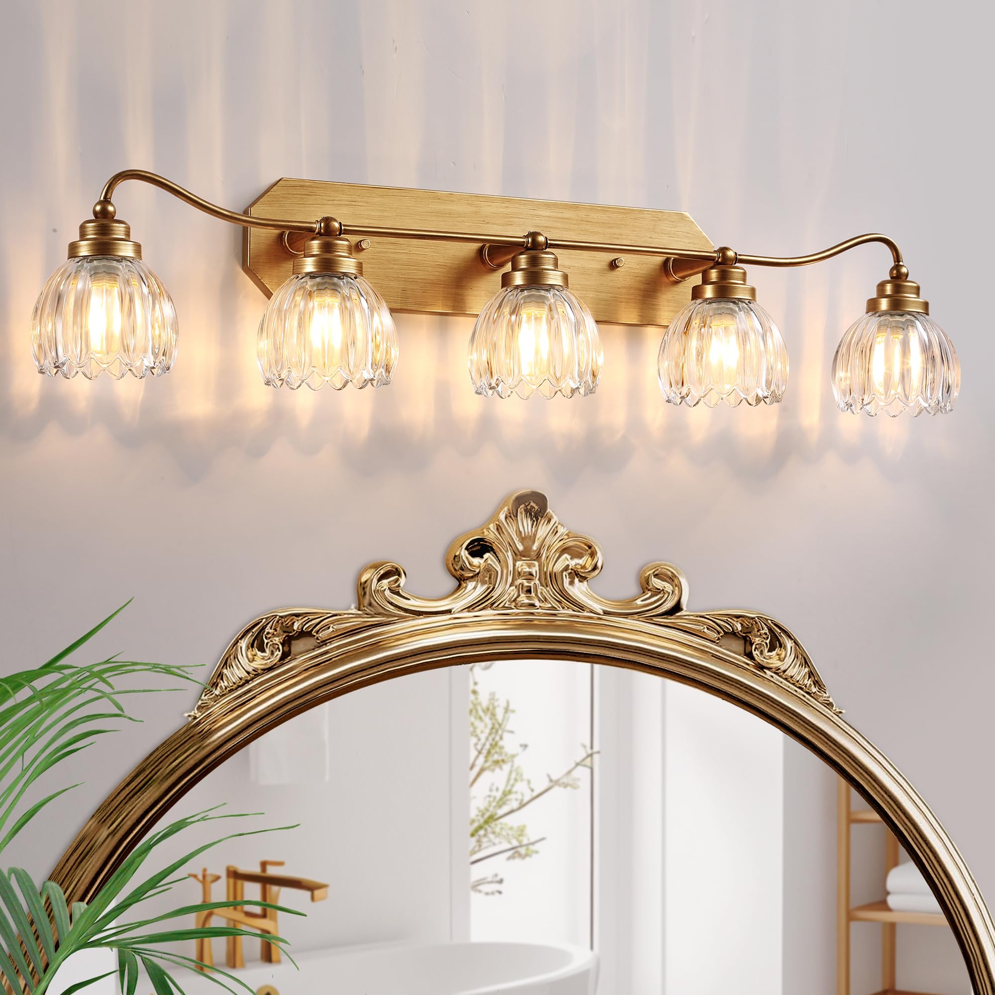 Vintage Bathroom Light Fixtures, Gold Bathroom Vanity Light, Matte Antique Brass Finish with Crystal Glass Shade, Wall Sconces Lighting for Bedroom, Living Room, Hallway (Gold, 3-Light)