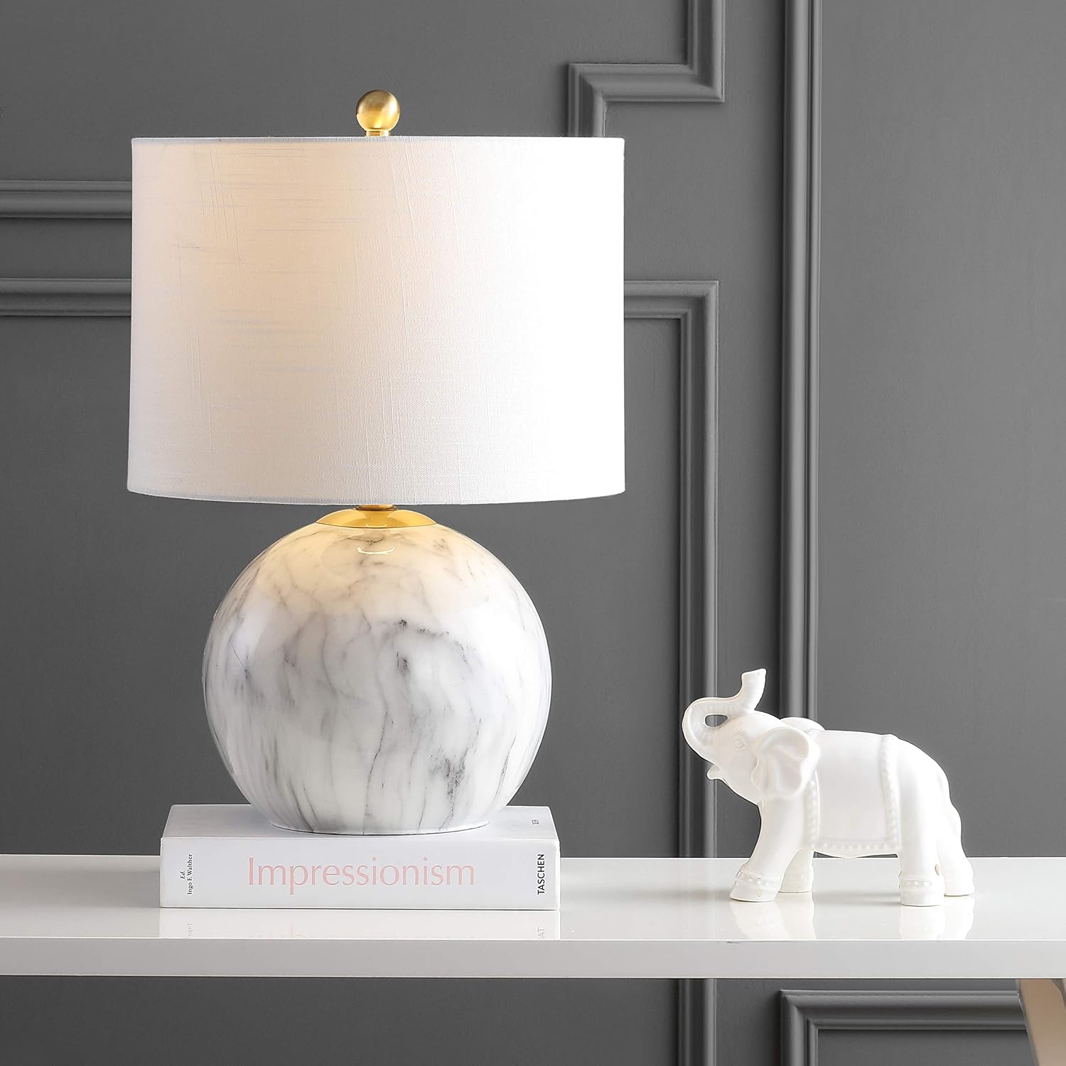 White Brass Faux Marble Geometric Sphere Table Lamp