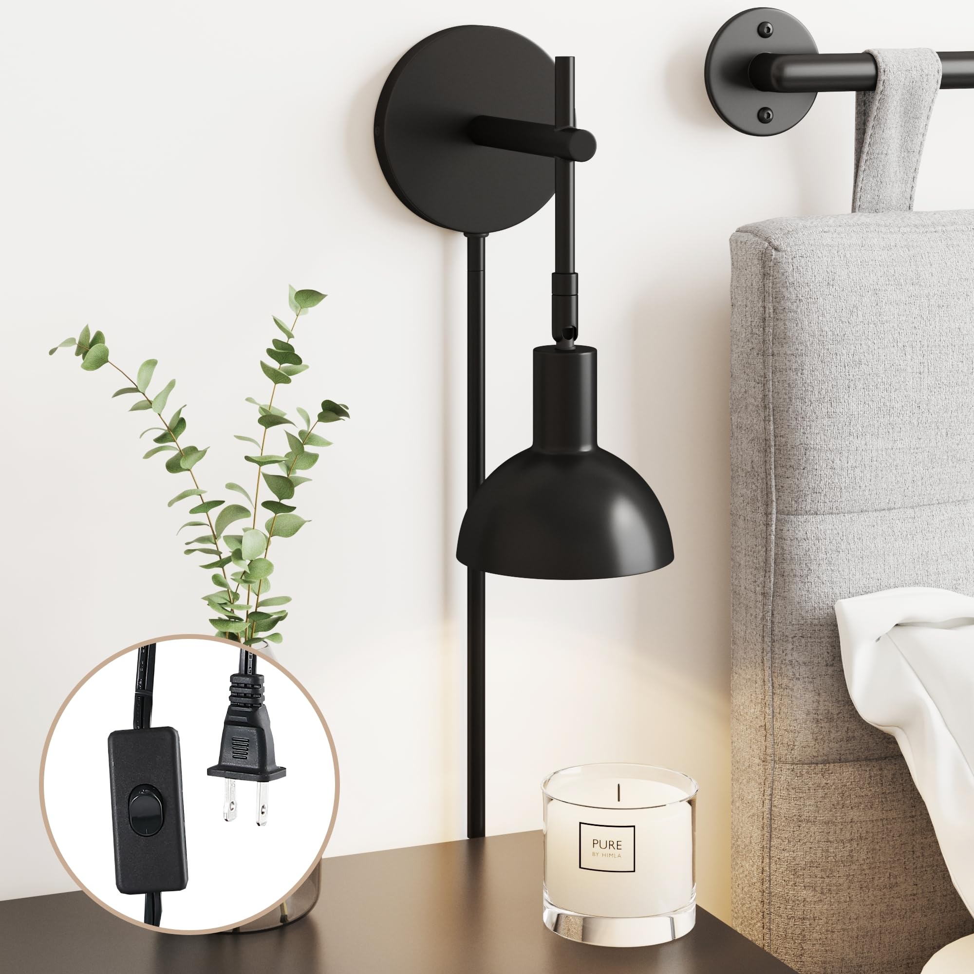 Nathan James Millie Plug-in Wall Sconce, Wall Mounted Bedside Reading Lamp with Cotton Shade and Brass Back Plate