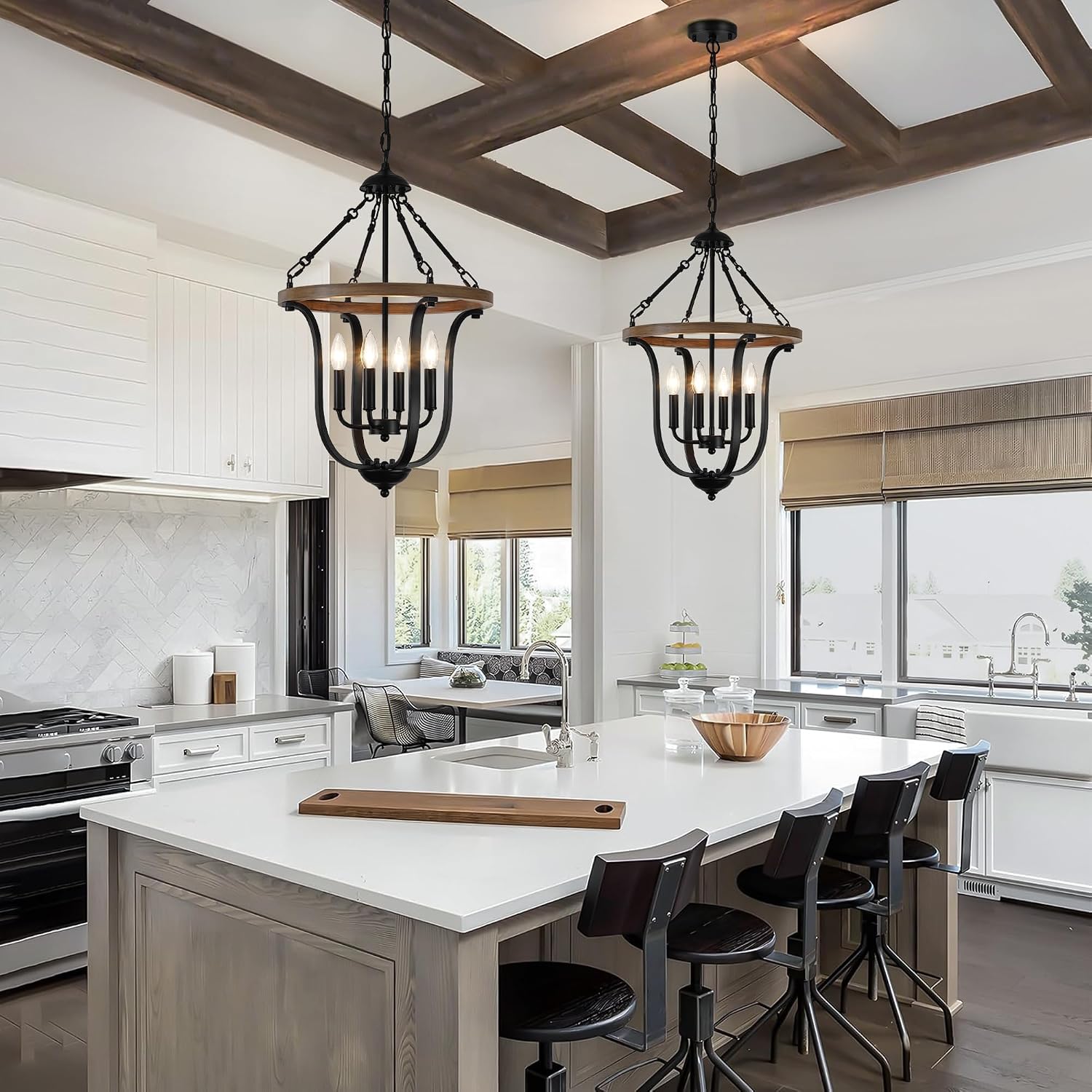 Black Farmhouse Chandelier for Dining Room, 4-Light Rustic Wood Chandelier with Industrial Cage, Pendant Light Fixture for Kitchen Island, Living Room, Entryway, Foyer, Bedroom, Hallway