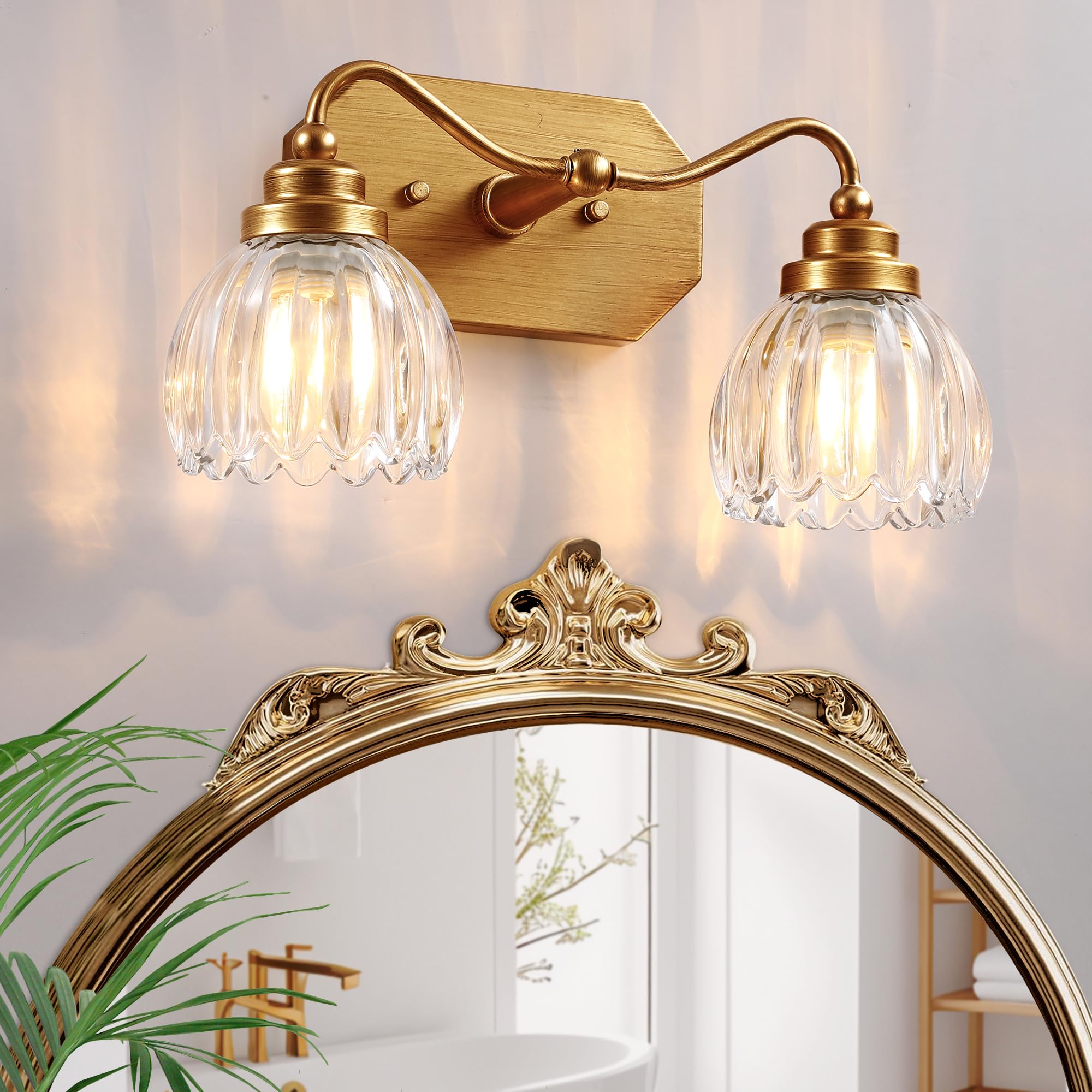 Vintage Bathroom Light Fixtures, Gold Bathroom Vanity Light, Matte Antique Brass Finish with Crystal Glass Shade, Wall Sconces Lighting for Bedroom, Living Room, Hallway (Gold, 3-Light)