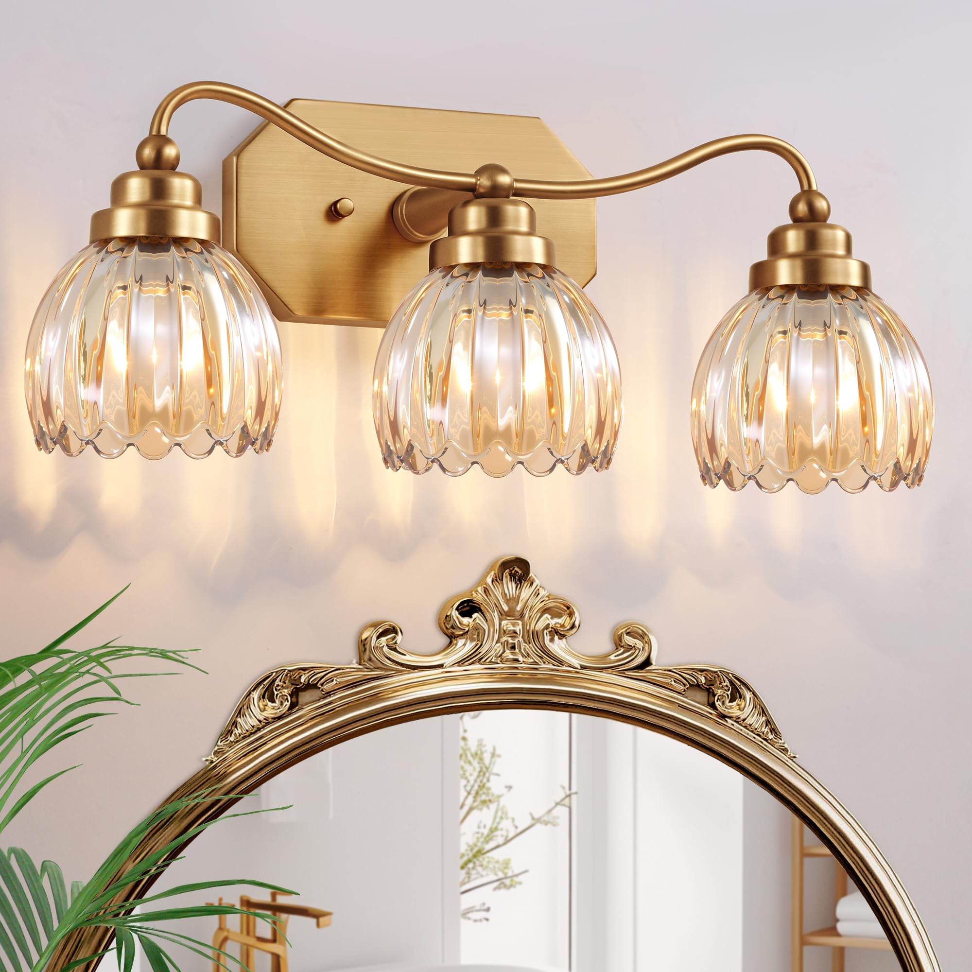 Vintage Bathroom Light Fixtures, Gold Bathroom Vanity Light, Matte Antique Brass Finish with Crystal Glass Shade, Wall Sconces Lighting for Bedroom, Living Room, Hallway (Gold, 3-Light)