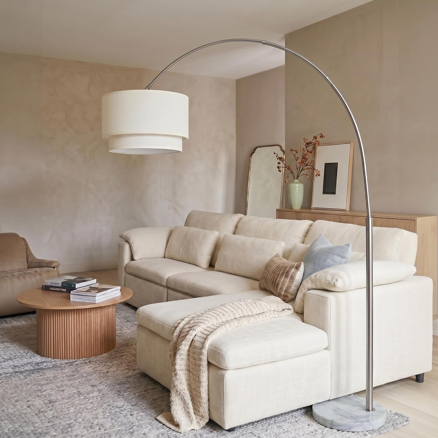 Brightech Mason Arc Floor Lamp - Modern Corner Standing Lamp with Unique Hanging Drum Lamp Shade for Living Room - Bright Overhead, Curved Hanging Light for Bedroom. Library, Den - Nickel