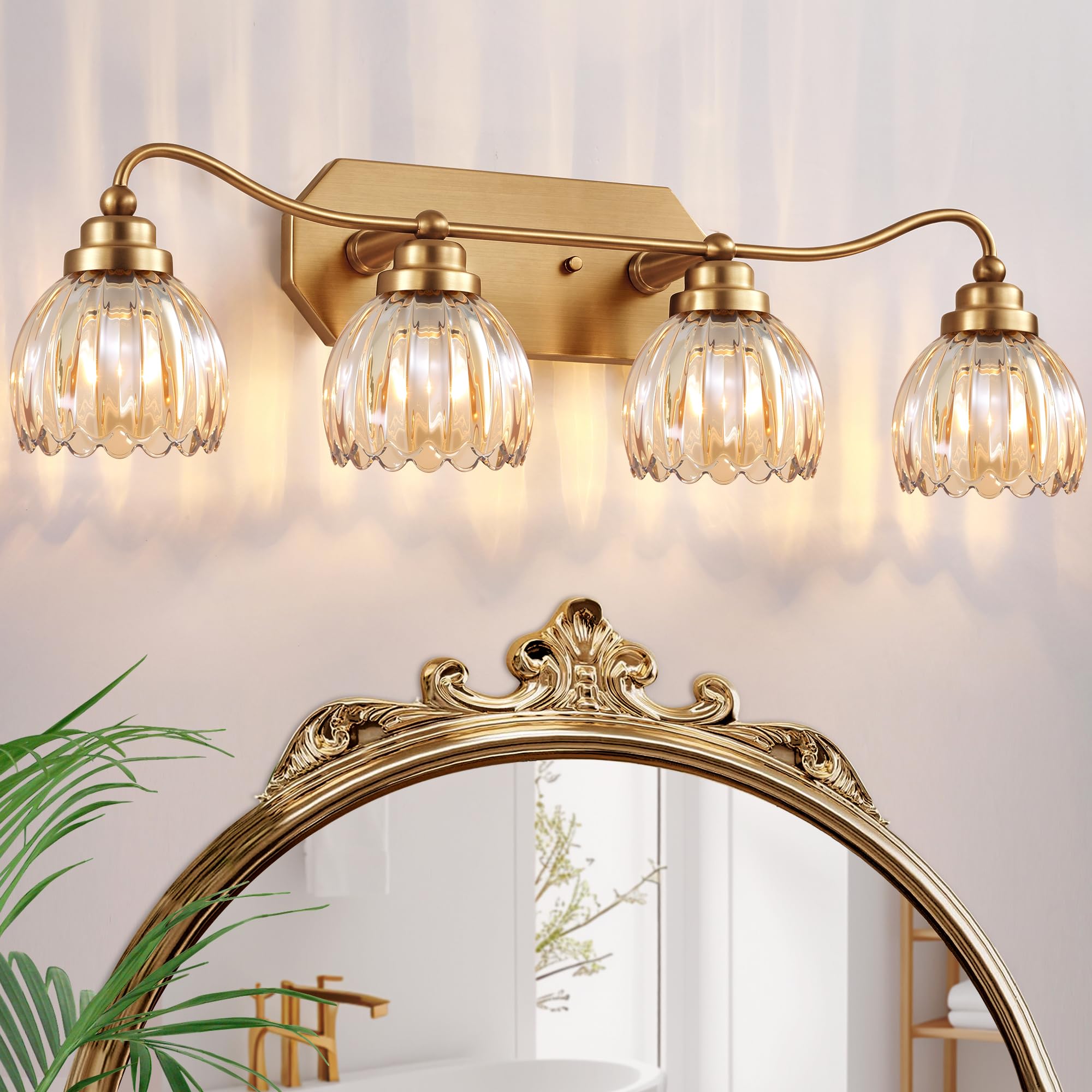 Vintage Bathroom Light Fixtures, Gold Bathroom Vanity Light, Matte Antique Brass Finish with Crystal Glass Shade, Wall Sconces Lighting for Bedroom, Living Room, Hallway (Gold, 3-Light)