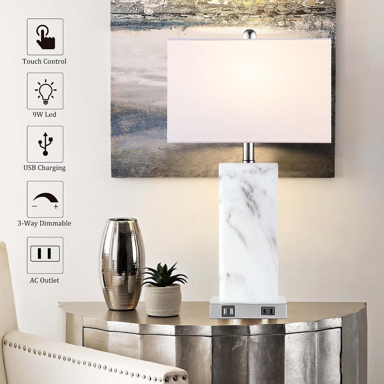 2 Pack Touch Control Ceramic Table Lamps with USB & AC Outlet